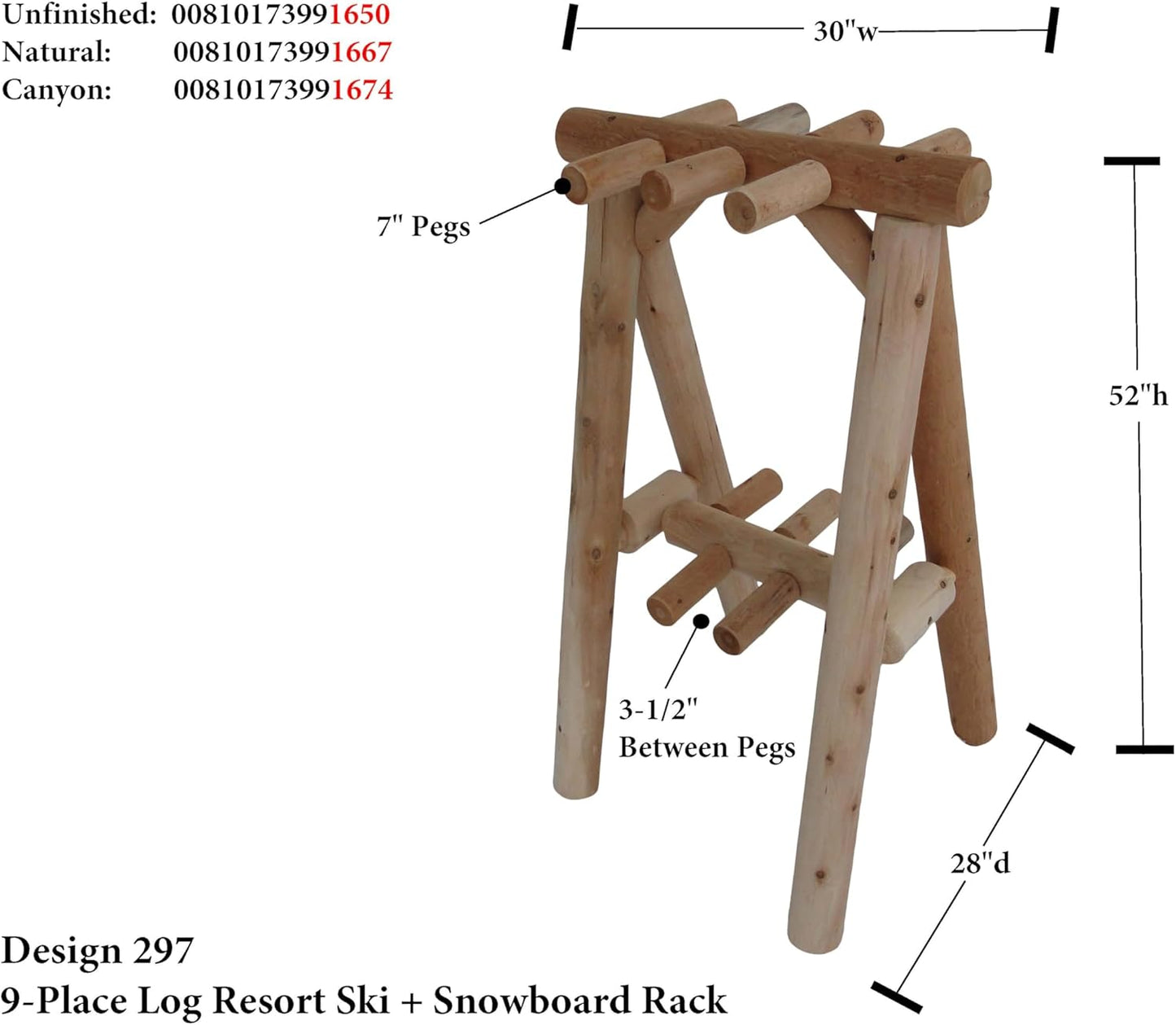 9-Place Freestanding Log Ski Rack Holder, Indoor & Outdoor Snowboard Racks, Standing Storage, Garage Racks for Snow Skis & Poles, Snowboard Rack Garage Storage Organizer - Natural + 15" Anchor Kit