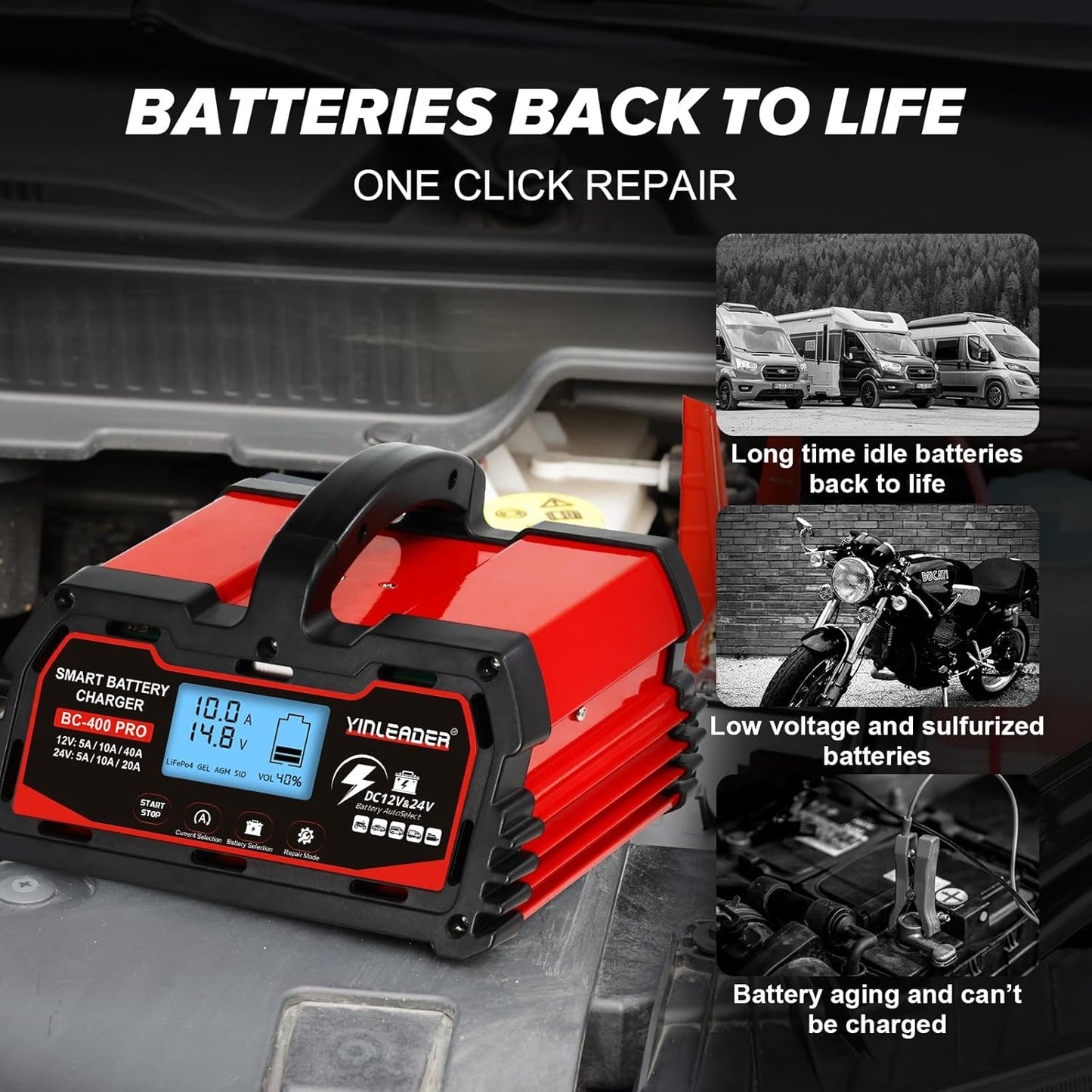 Battery Charger 40A, 12V/24V Lead Acid Smart Battery Charger, 12V LiFePO4 Car Battery Trickle Charger, Automatic Battery Maintainer for Car Motorcycle Lawn Mower Marine Boat Lead Acid Batteries