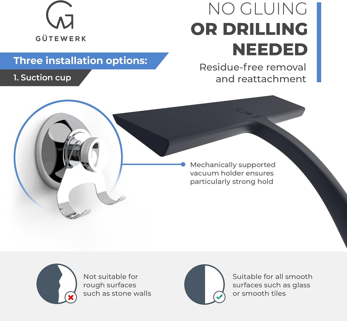 GÜTEWERK Shower Squeegee for Glass Doors, Silicone Window Squeegee, Bathroom and Glass Cleaning - Black - 9 Inch