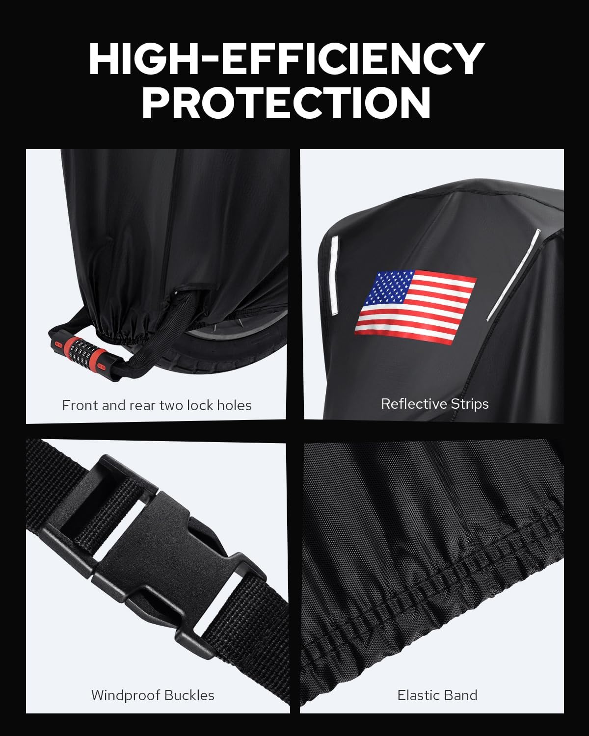 Benlari Motorcycle Cover Waterproof Outdoor, Heavy Duty Motorcycle Cover, Universal All Season Protection Night Reflective with Lock-Holes American Flag Fits up to 96.5" Motorcycles Vehicle Cover