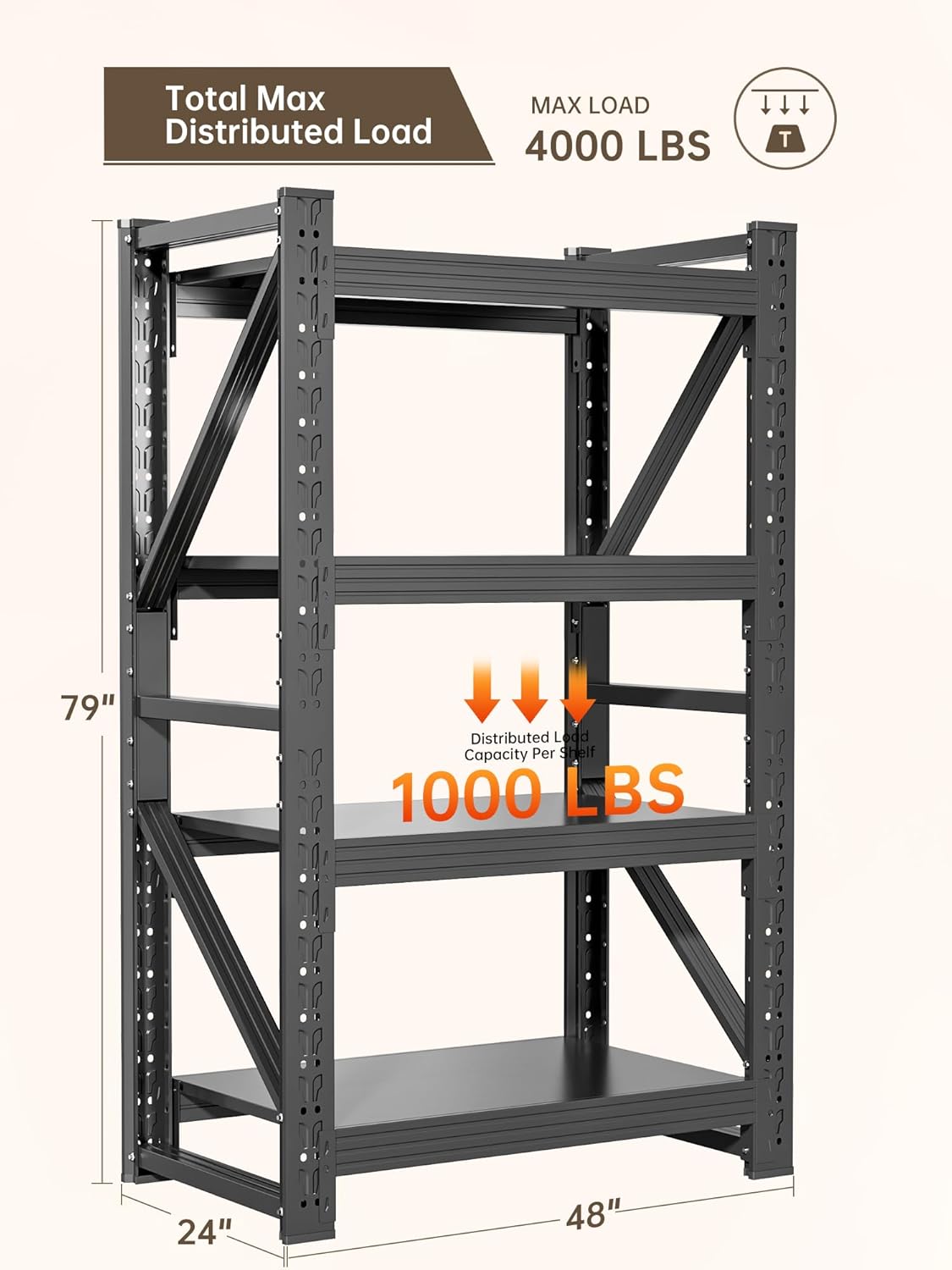 4-Tier Storage Shelves,79" H Heavy-Duty Garage Shelving Unit,Adjustable Industrial Metal Shelf System,4,000lbs Capacity,Tool Organizer for Garage,Workshop,48" W*24" D*79" H,Black