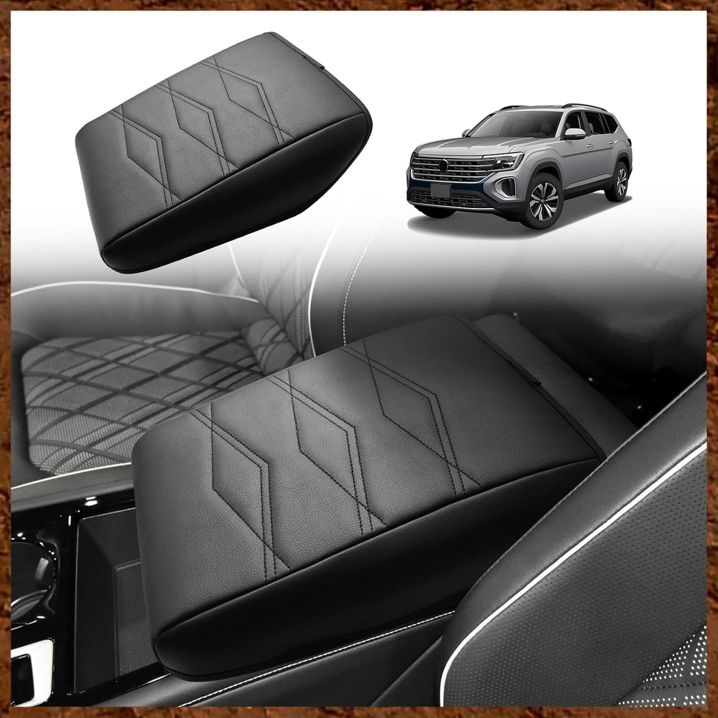 Muslogy for 2024 2025 Atlas & Cross Sport Center Console Pad Armrest Cover Protector Vegan Leather Extra Soft Armrest Box Lid Pad Compatible with Volkswagen Atlas/Cross Sport Accessories (V1_Black)