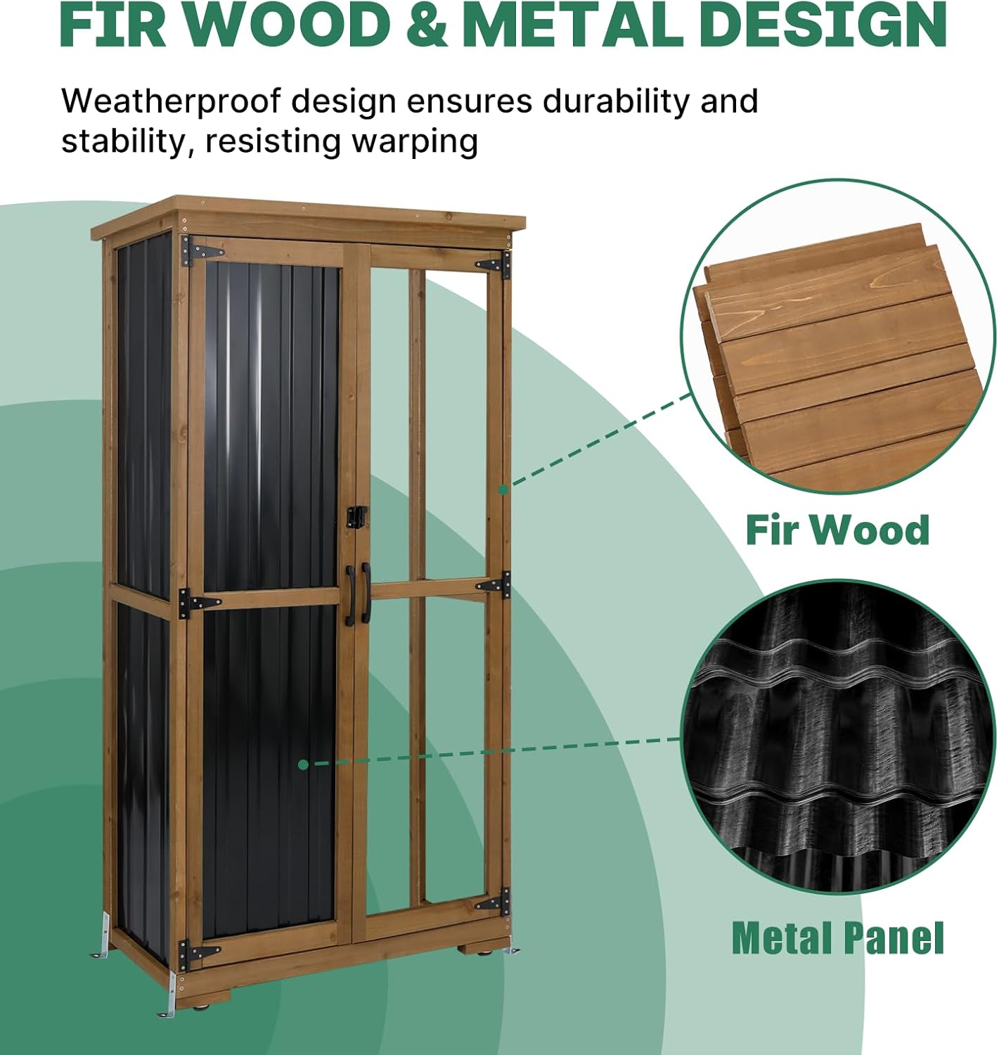 Outdoor Storage Cabinet Wood & Metal, Tall Tool Shed with Weatherproof, Double Lockable Doors, Removable 3 Shelves, Adjustable Feet for Patio, Garden, Backyard, Lawn, 32" x 15.5" x 66" (Brown)