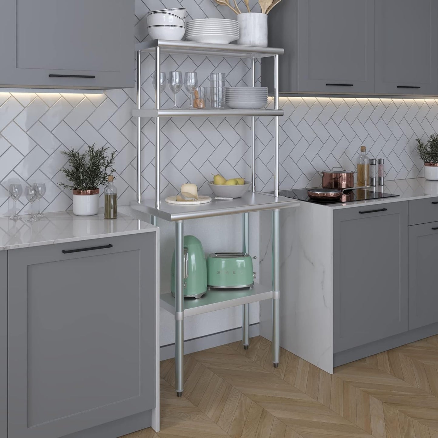 AmGood Stainless Steel Work Table Double Tier Overshelf | 18" x 30" Work Table + 12" Overshelf