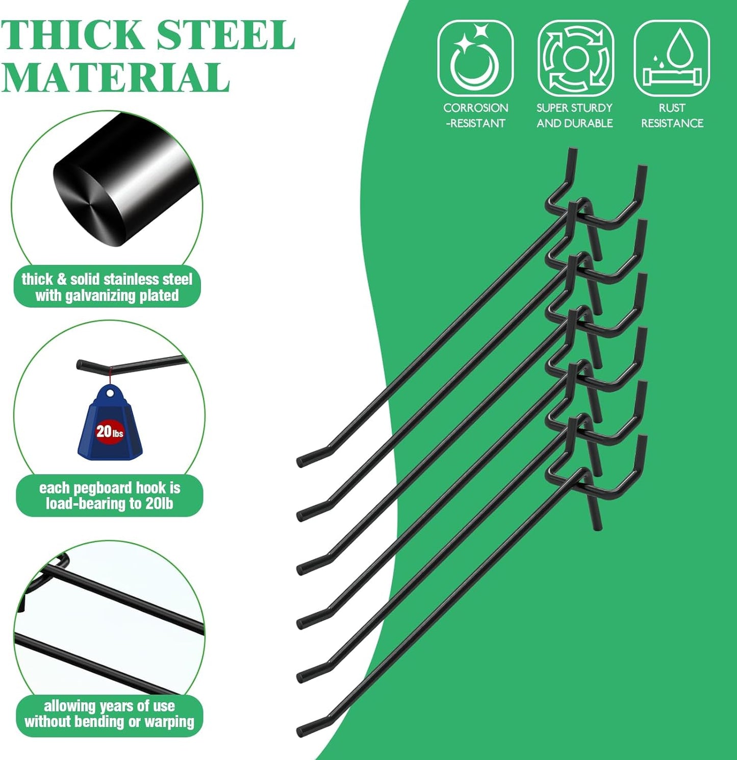 50Pcs 6"/15CM Pegboard Hooks Assortment Set, Metal Peg Board Hooks with 2.5mm Hole Pitch 4mm Wire Diameter Slatwall Hanging Hook for Garage Organization Wall Hanging (Black)