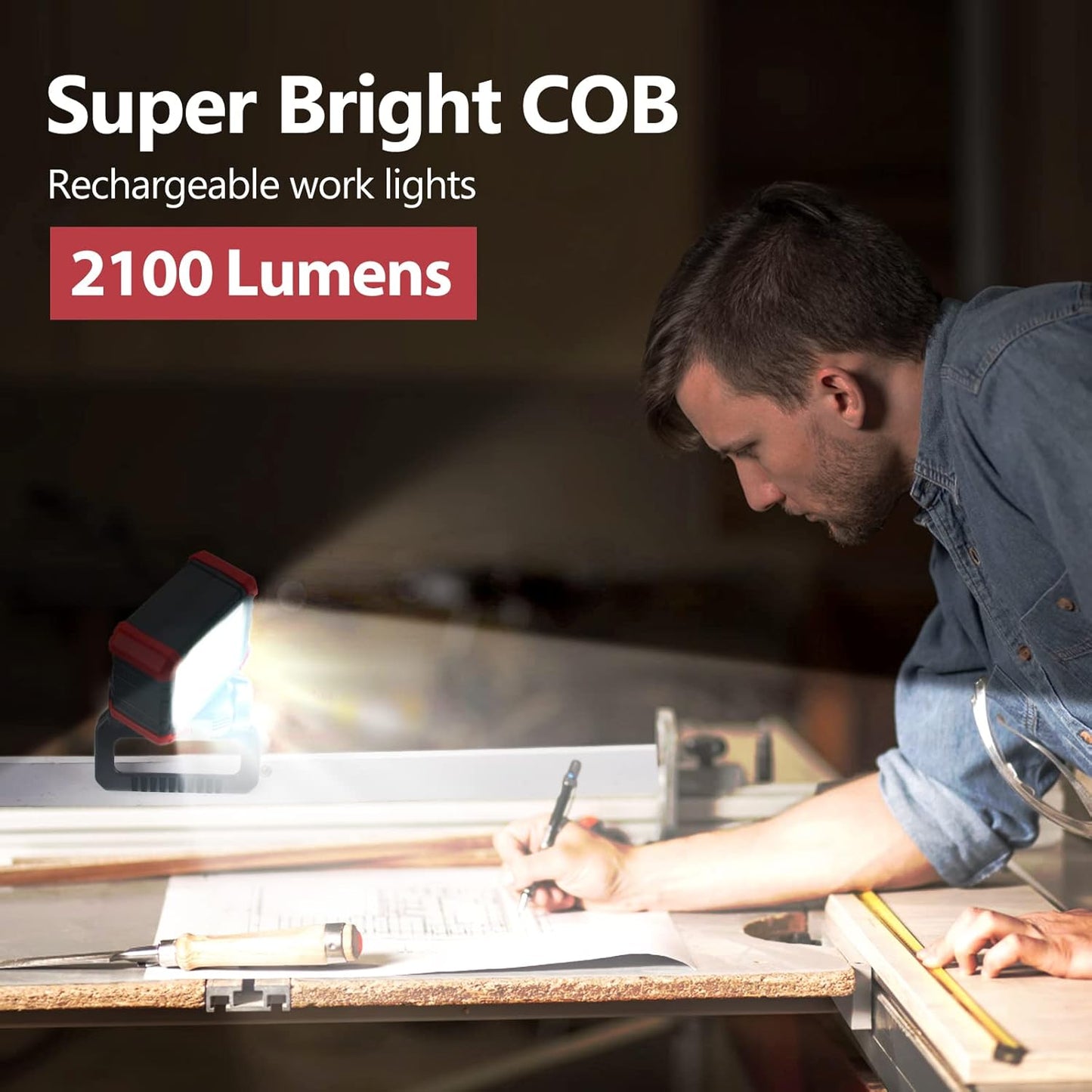 LED Rechargeable Work Light with Clamp, 2Pack 2100LM COB Magnetic Work Light with 3 Light Modes, 270° & 180° Rotation, Waterproof, Perfect for BBQ, Jobsite, Workshop, Car Repairing