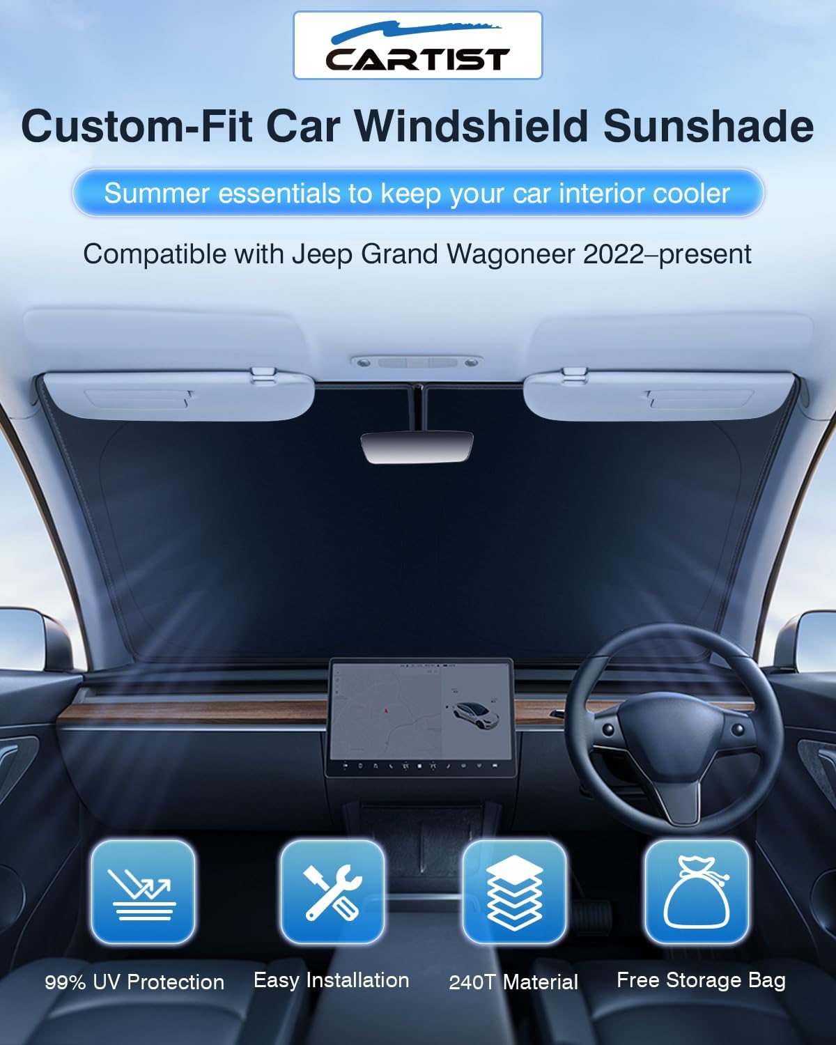 Sun Shade Fits for Jeep Grand Wagoneer 2022-2024 2025 (Not for Jeep Wagoneer) Windshield Sunshade for Wagoneer Accessories Foldable Car Front Window Shade