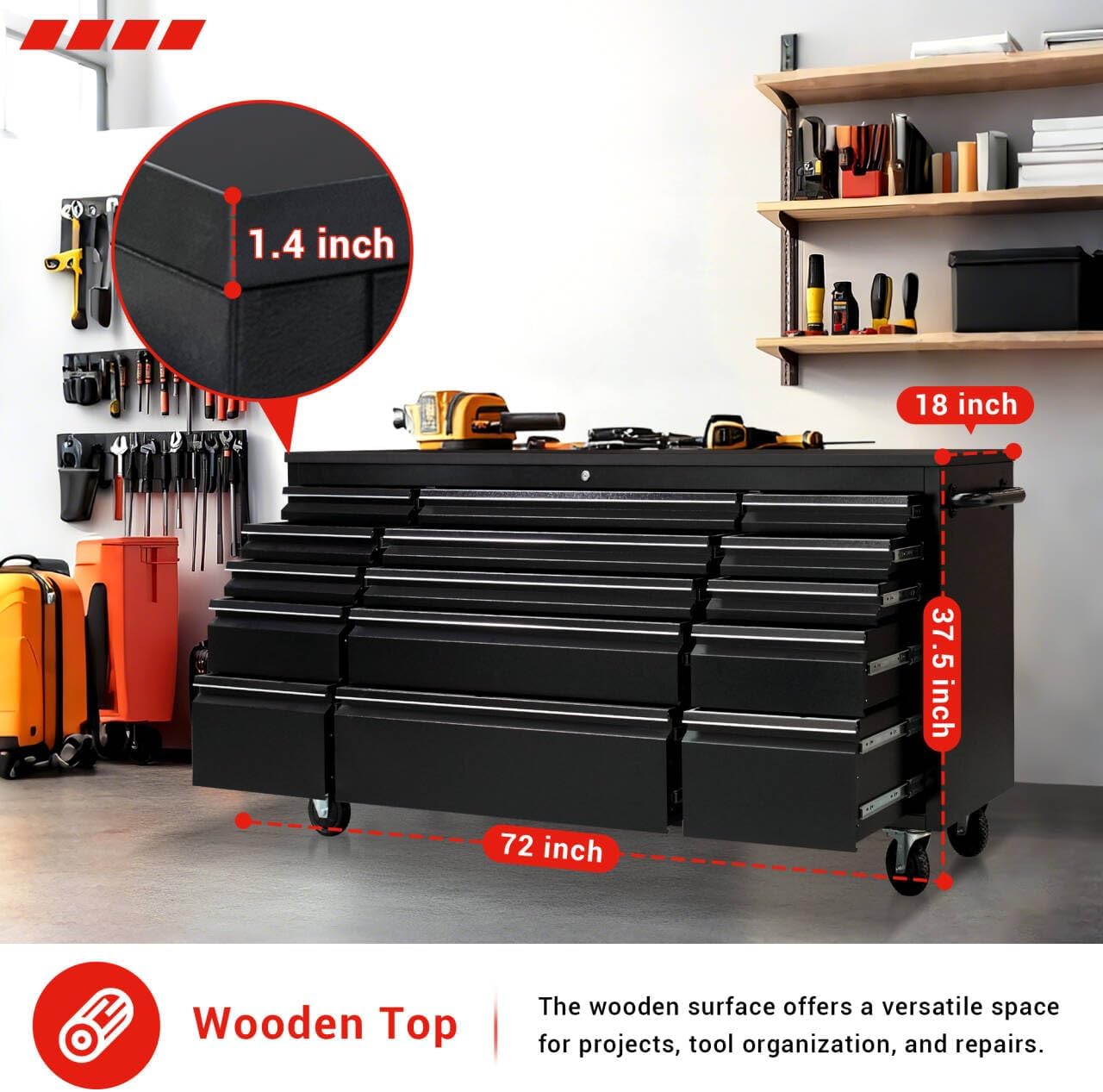 CT Copper Tailor 72-inch Rolling Tool Chest with 15 Drawers and Wheels, Mobile Garage Workbench, Large Tool Box Storage Tool Cabine with Wood Top for Workshop, Matte Black