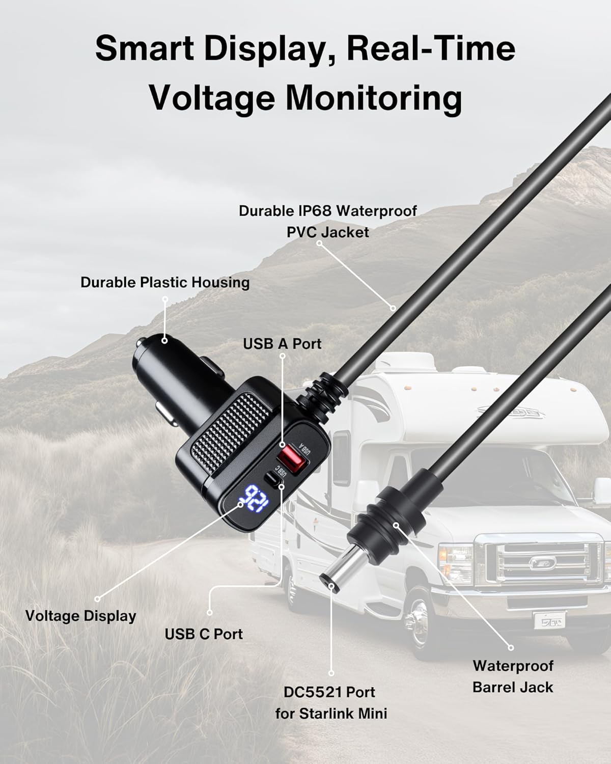 Car Charger Cable for Starlink Mini 6.5FT with Display - 12-24V Cigarette Lighter to DC Power Cable, 60W DC + 33W Dual USB-C/USB-A Adapter for Trucks, RVs & Boats, 18AWG Cord with Voltage Monitoring