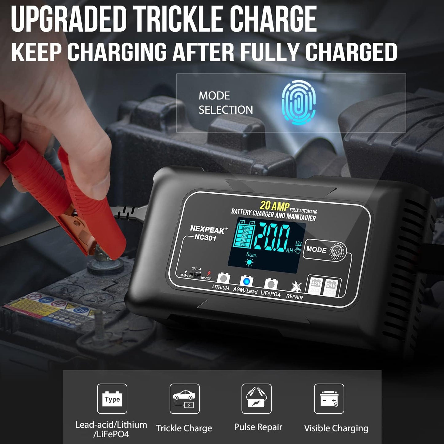 NEXPEAK NC301 20-Amp Car Battery Charger, 12V and 24V Smart Fully Automatic LiFePO4 Battery Charger Maintainer Trickle Charger w/Temp Compensation for Car Truck Boat Lead Acid Lithium Batteries
