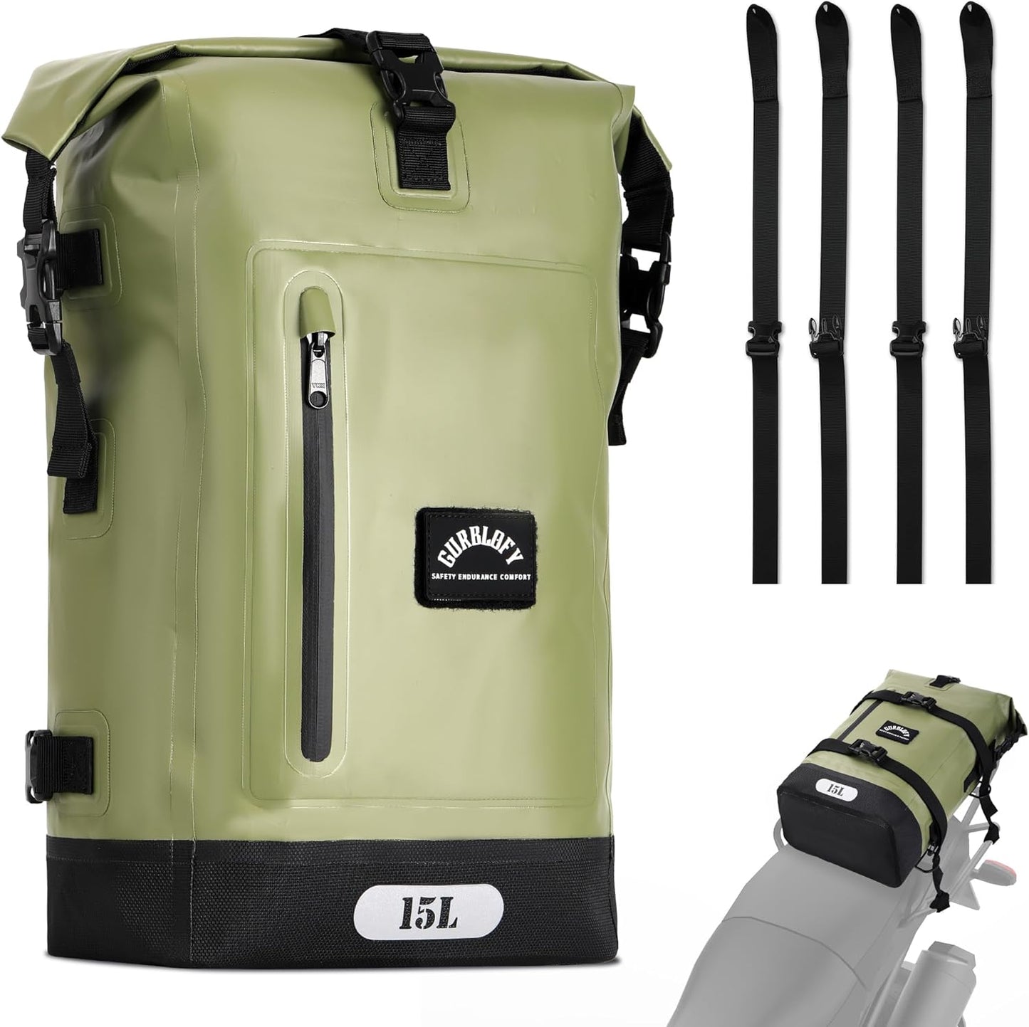 Motorcycle Saddle Bag, 15L Waterproof Motorcycle Tail Bag, 2 Size and 3 Color Options Travel Bag, PVC Bag, Rear Seat Bag, Backpack Field Green GT-15GN