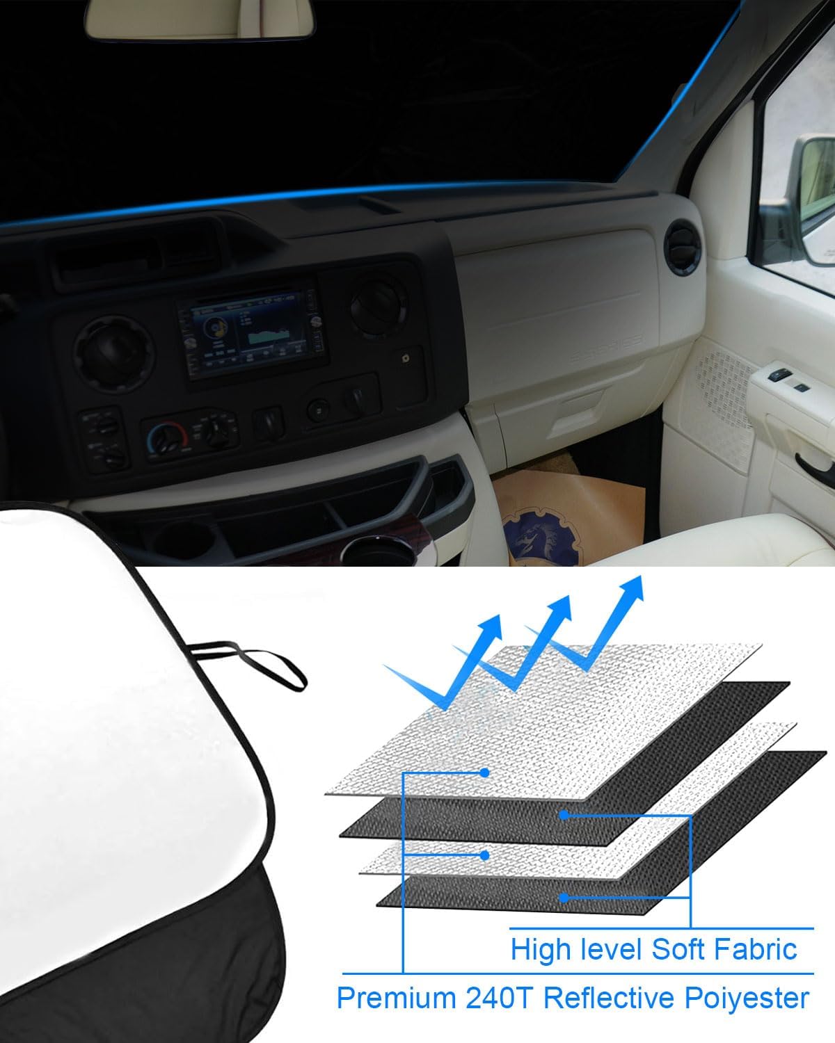 Front Windshield Sunshade fit for Ford Econoline E-Series Van 1992-2025 & Motorhome E-150 E-250 E-350 E-450 UV Ray Reflector Foldable Automotive Windshield Sunshades |Keeps Your Vehicle Cool|