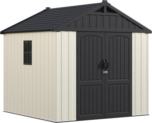 Greesum 8×8 FT Plastic Outdoor Storage Shed with Floor, Resin Sheds with Window and Lockable Door, Weather Resistant Organization for Garden, Lawn, Pool Supplies, Beige