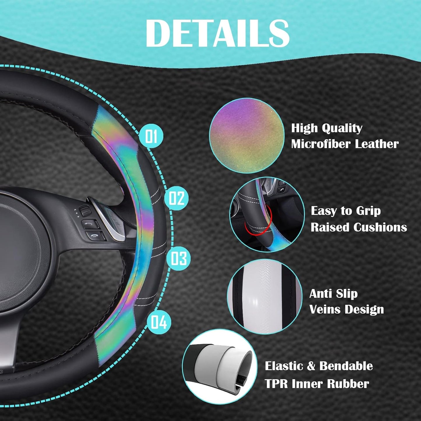 CAR PASS Line Rider Microfiber Leather Sporty 14.5-15 inch Steering Wheel Cover Universal Fits for 95% Truck,SUV,Cars, Anti-Slip Safety Comfortable Design (Black Reflective)