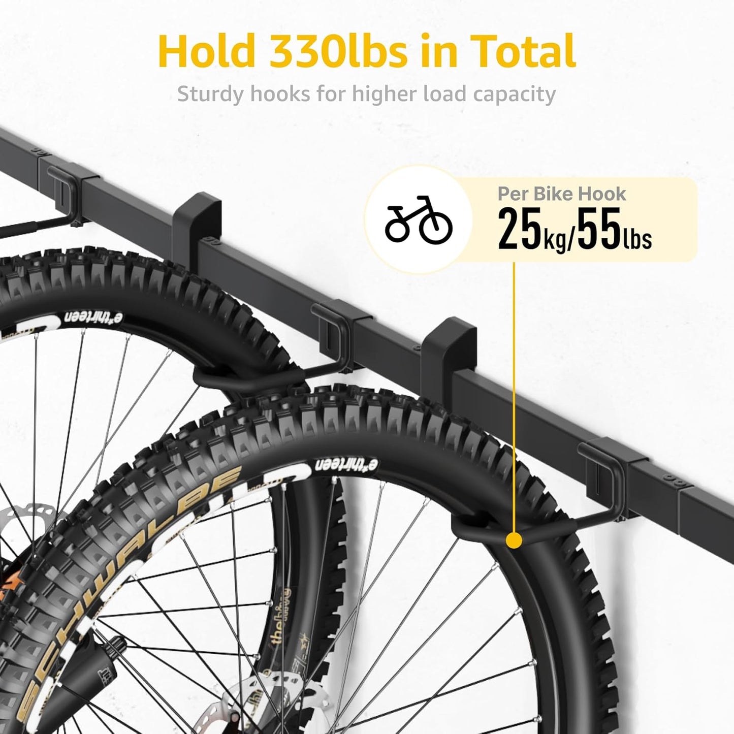 monTEK Enhanced Garage Bike Rack, Adjustable 6 Bike Hangers for Garage, Equipped with 78.5in Extended Rail to Accommodate Various Bicycle Sizes, Heavy-Duty Steel Bike Wall Mount, Max Capacity 330 lbs