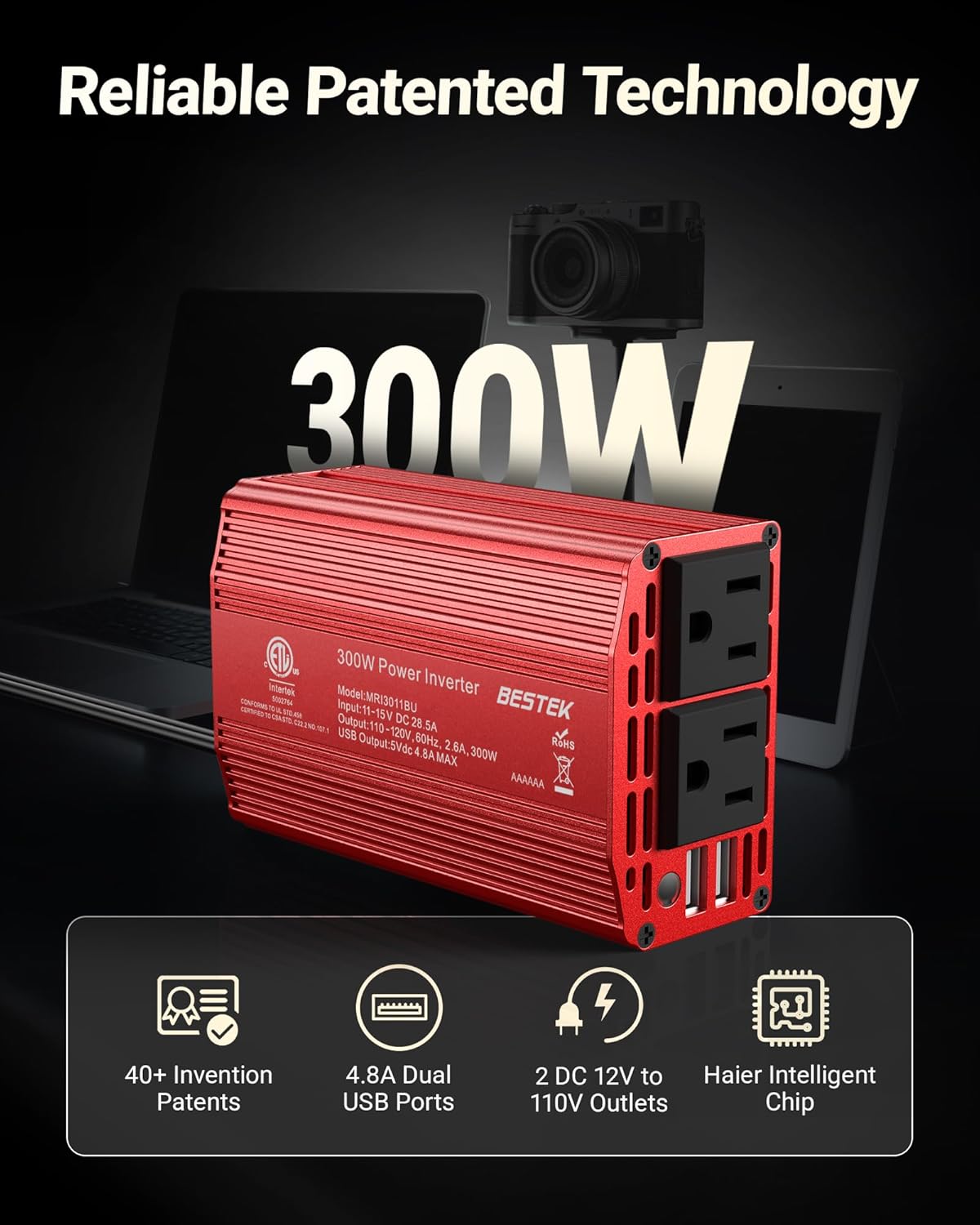 BESTEK Power Inverter DC 12V to AC 110V - 300W Car Plug Adapter Outlet with 4.8A Dual USB Fast Charging Port - Car Charger Cigarette Lighter Adapter for Phone, Laptop on Road Trip - Aluminum Housing