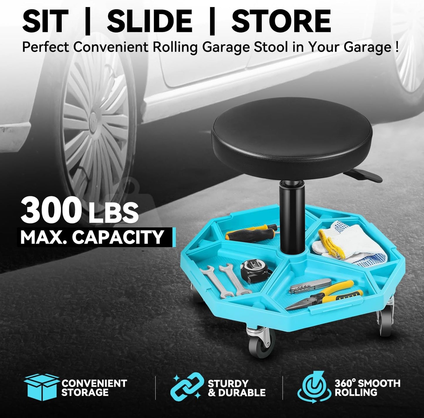 Auto Dynasty Mechanic Stool, Adjustable Rolling Pneumatic Creeper Garage Shop Seat with Tool Tray, 300 LBS Roller Seat for Workshop Auto Repair, Adjustable Height 15.7" to 21", Black/Blue