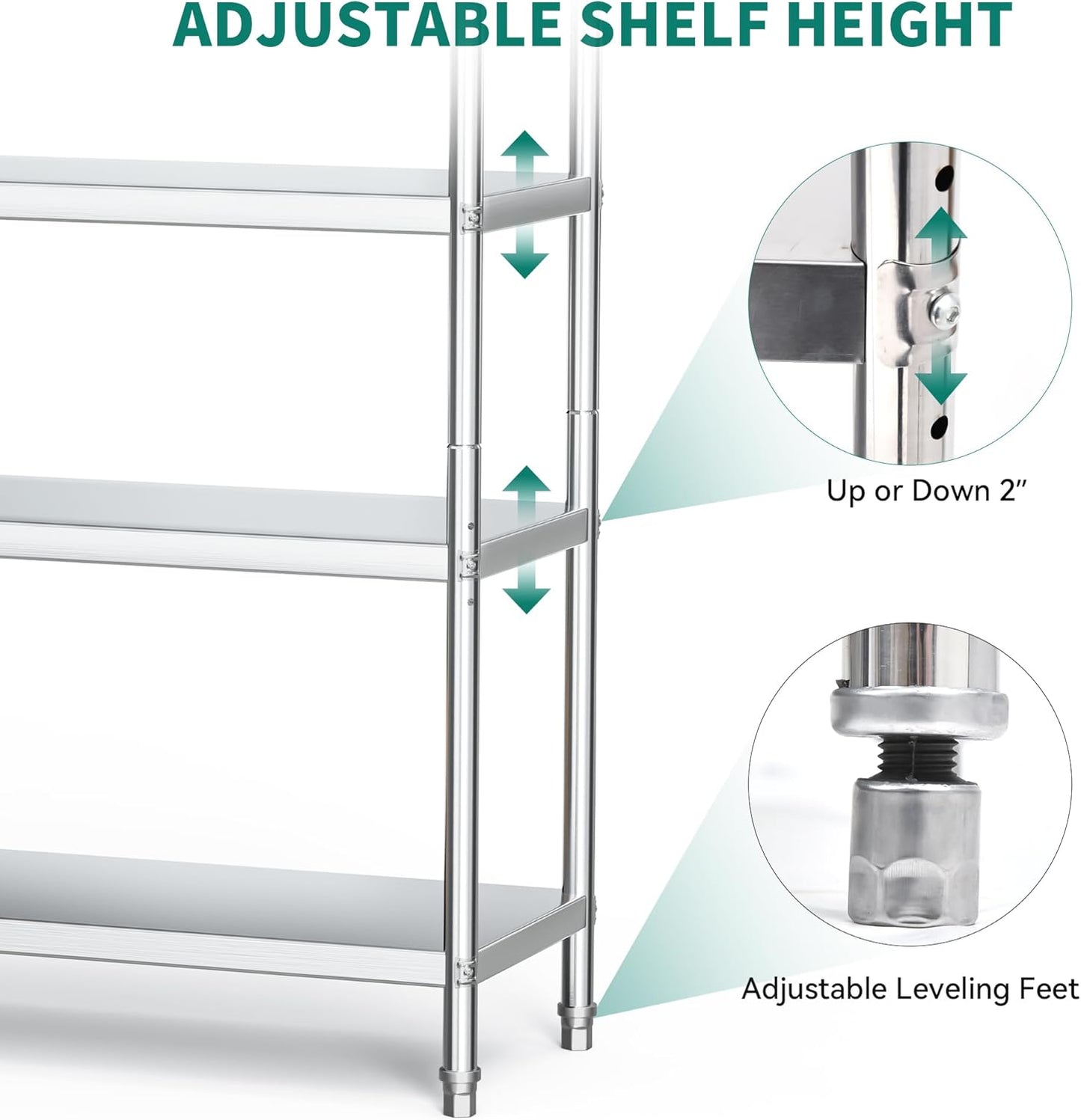 YITAHOME NSF Stainless Steel Shelves, 60"*18"*72" 5 Tier Storage Shelf, Heavy Duty Shelving for Kitchen Garage Office Restaurant Warehouse, 201 Bright Silver