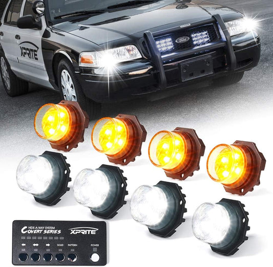 Xprite White Amber LED Hideaway Strobe Lights Kit 20 Flashing Patterns w/Control Panel Headlights Taillights Fog Light Mounting, for Roadside Emergency Vehicles Trucks SUV Vans Cars UTV ATV 8 PCs