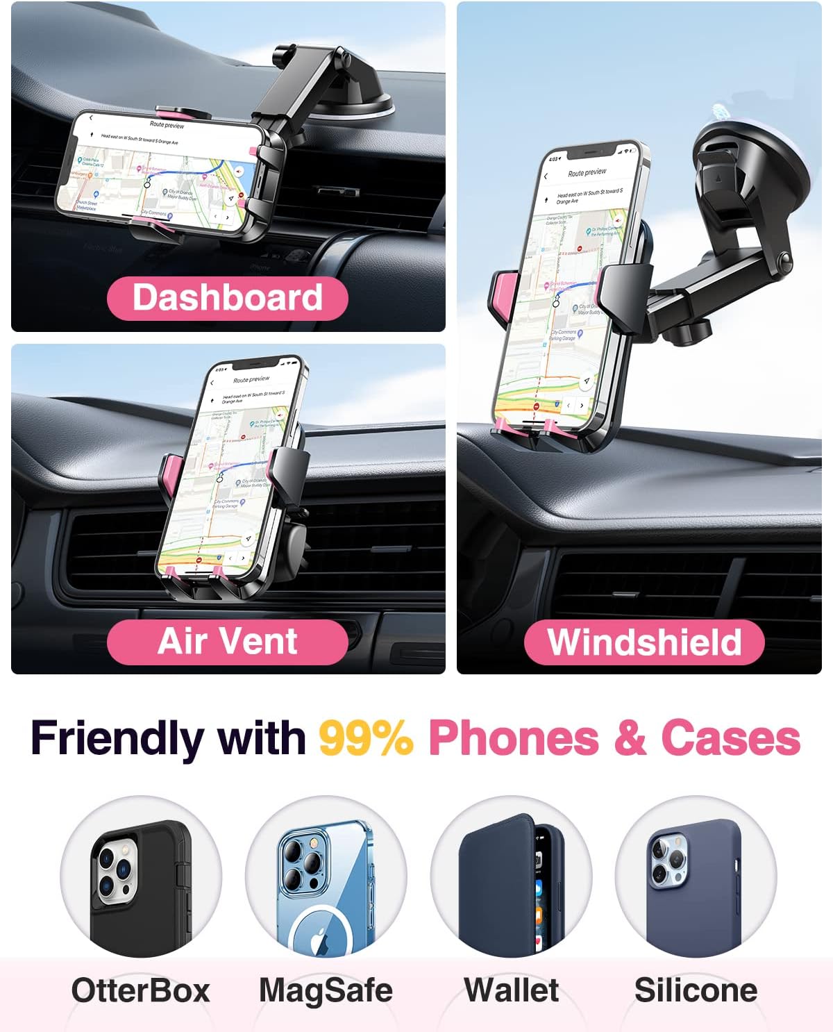 VANMASS 2025【Strongest Suction & Military-Grade】 Car Phone Mount 【Patent & Safety】Ultimate Cell Phone Holder Handsfree Stand for Dash Windshield Vent for iPhone 16 15 Pro Max 14 Android & Truck, Pink
