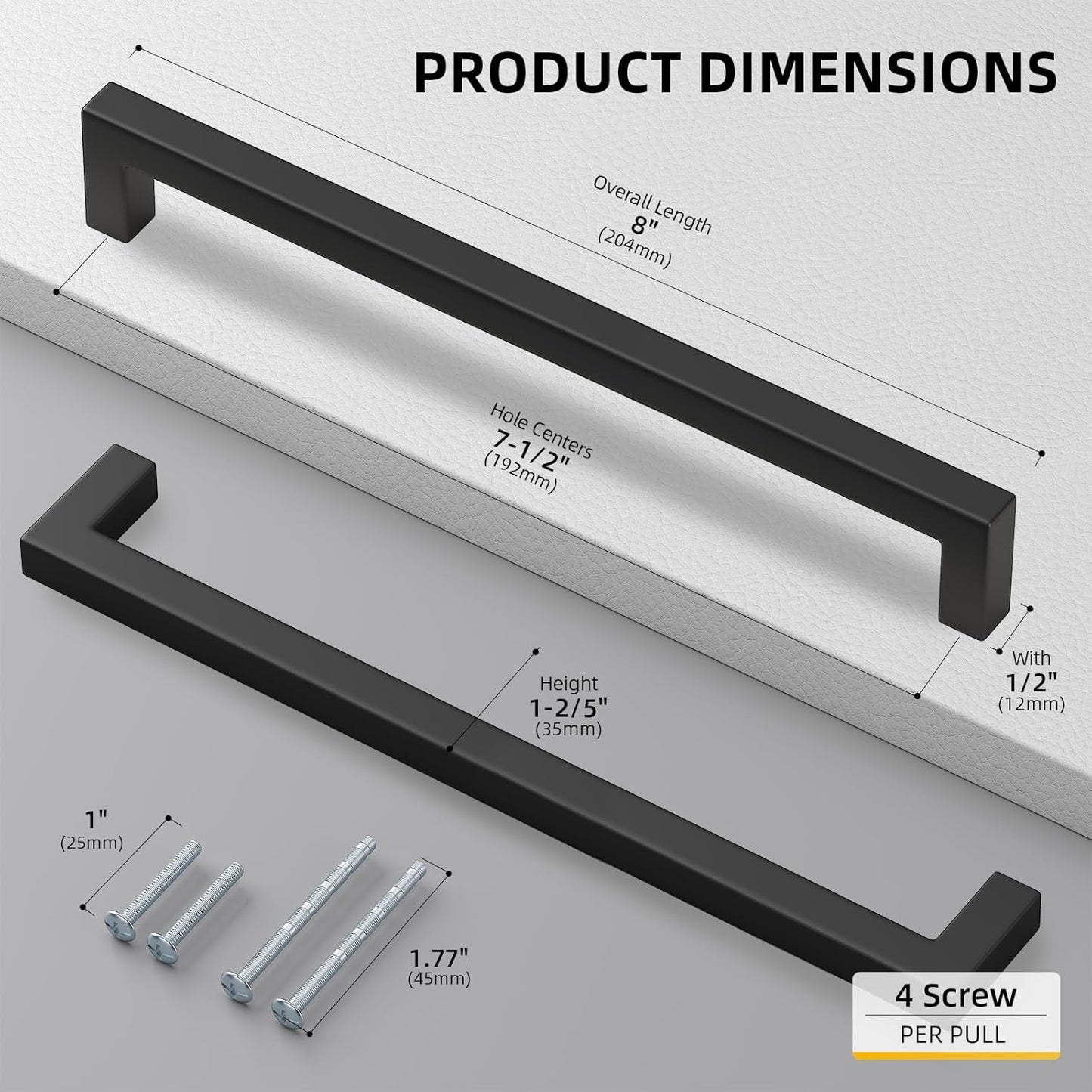 goldenwarm 200 Pack 7-1/2in Black Square Bar Cabinet Pull Drawer Handle Stainless Steel Modern Hardware for Kitchen and Bathroom Cabinets Cupboard,Center to Center 192mm Matte Black Drawer Pulls