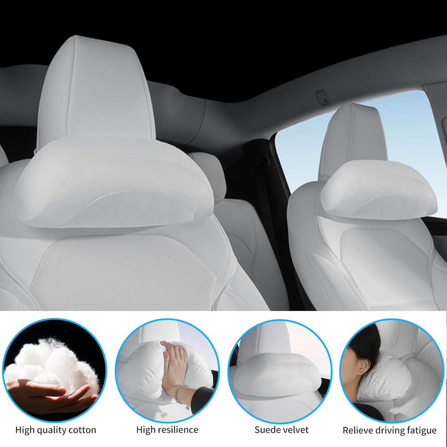 Car Headrest Pillow for Driving, Softness Ergonomic Design Universal Travel Neck Pillow for Most Cars, Office Chairs, Gaming Chairs with Extra Filler Cotton Bag (White, 2PC)