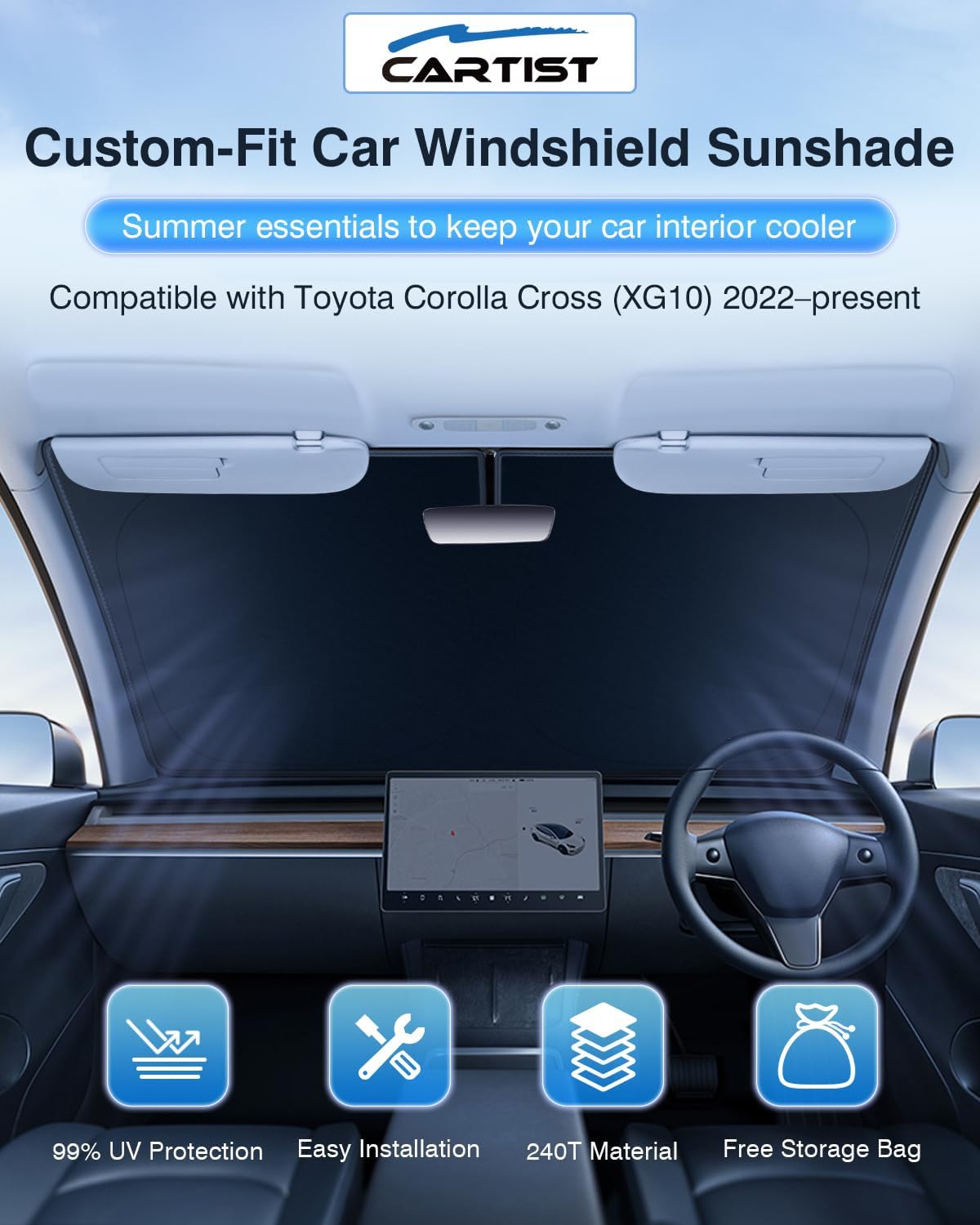5-Layer Cartist Windshield Sun Shade Custom Fit for Toyota Corolla Cross 2022 2023 2024 2025 (Not for Corolla) Accessories Foldable Car Front Window Sunshade Sun Visor Protector