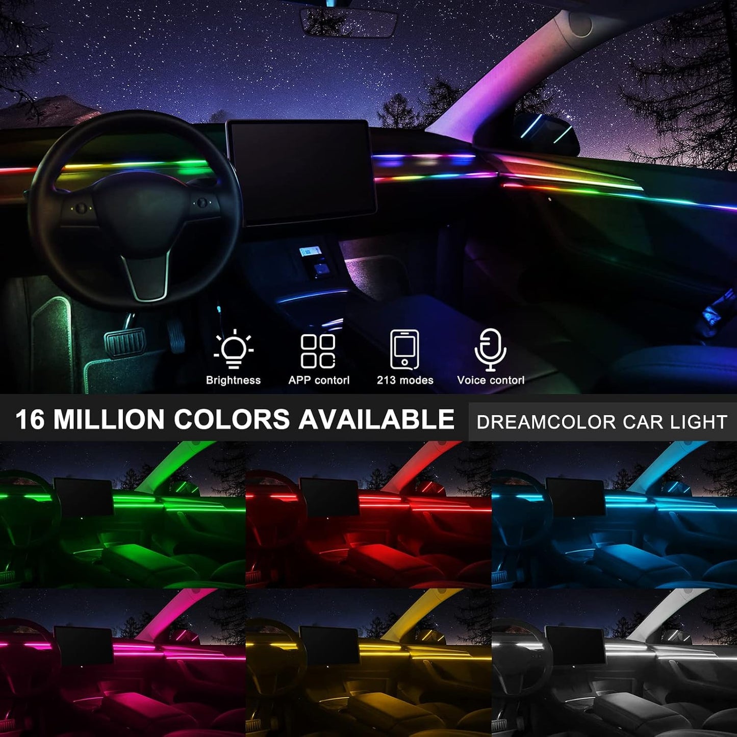 Acrylic Interior Car LED Strip Light with Wireless APP, RGB 18 in 1 with 175 inches 593 LEDs Fiber Optic Ambient Lighting Kits, 16 Million Colors Sound Active Function Car Neon Lights