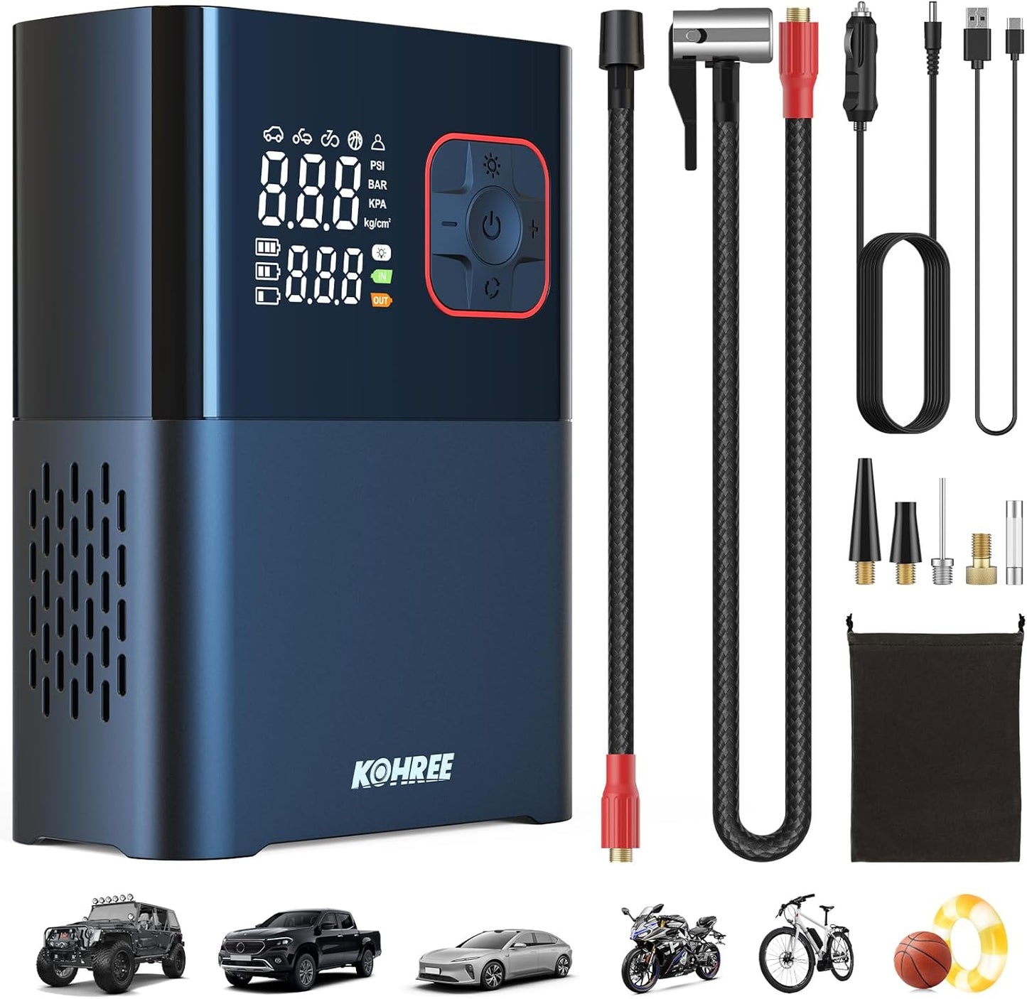 Kohree Tire Inflator Portable Air Compressor, 58LPM Faster Dual Cylinder Air Pump for Car Tires, Pickup Trucks & Large Tires, 150 PSI & 20000mAh Cordless Electric Air Pump with Pressure Detection