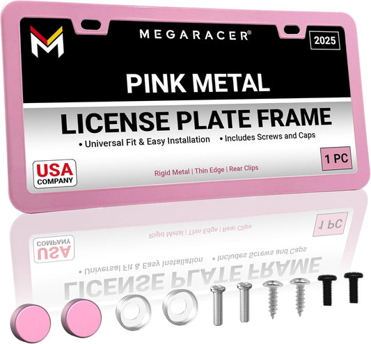Premium Princess Pink License Plate Frame – 1 Pack, Rust-Free Stainless Steel, Street Legal & Rattle-Free, Universal Slim Design with Screw Covers, Durable Car Tag Holder for Women, Cute & Girly Gift