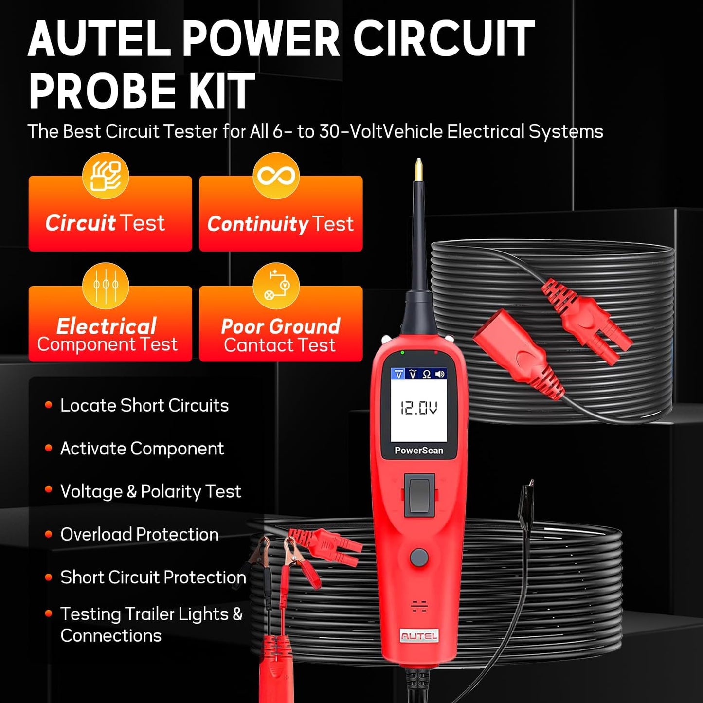 Autel PowerScan PS100 Automotive Circuit Tester, Power Circuit Probe Scan Tool, 12-24V Electrical Short Open Breaker Circuit Finder, AC/DC Current Resistance, 20ft Extension Cord, for 99% Car