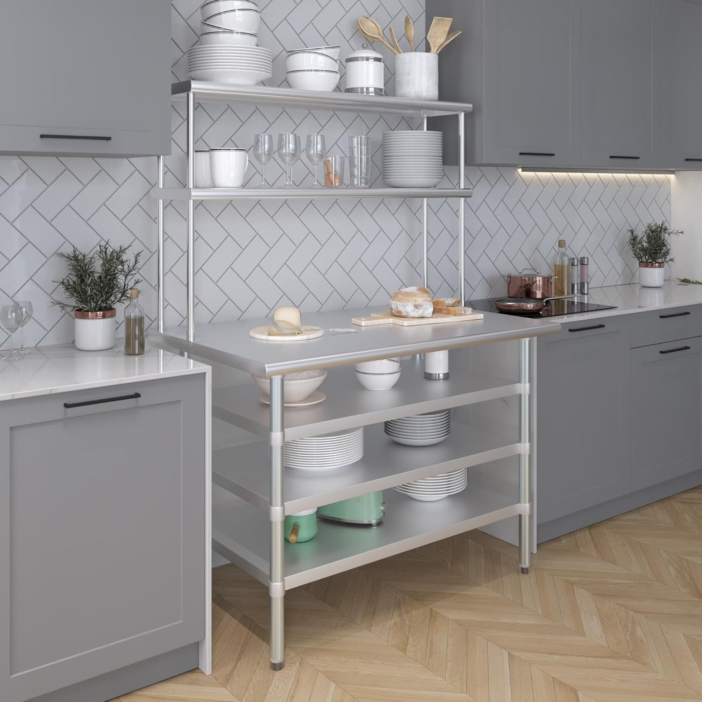 Amgood 30" x 48" Stainless Steel Work Table with 3 Shelves and 12" Wide Double Tier Overshelf | Metal Kitchen Prep Table & Shelving Combo | NSF