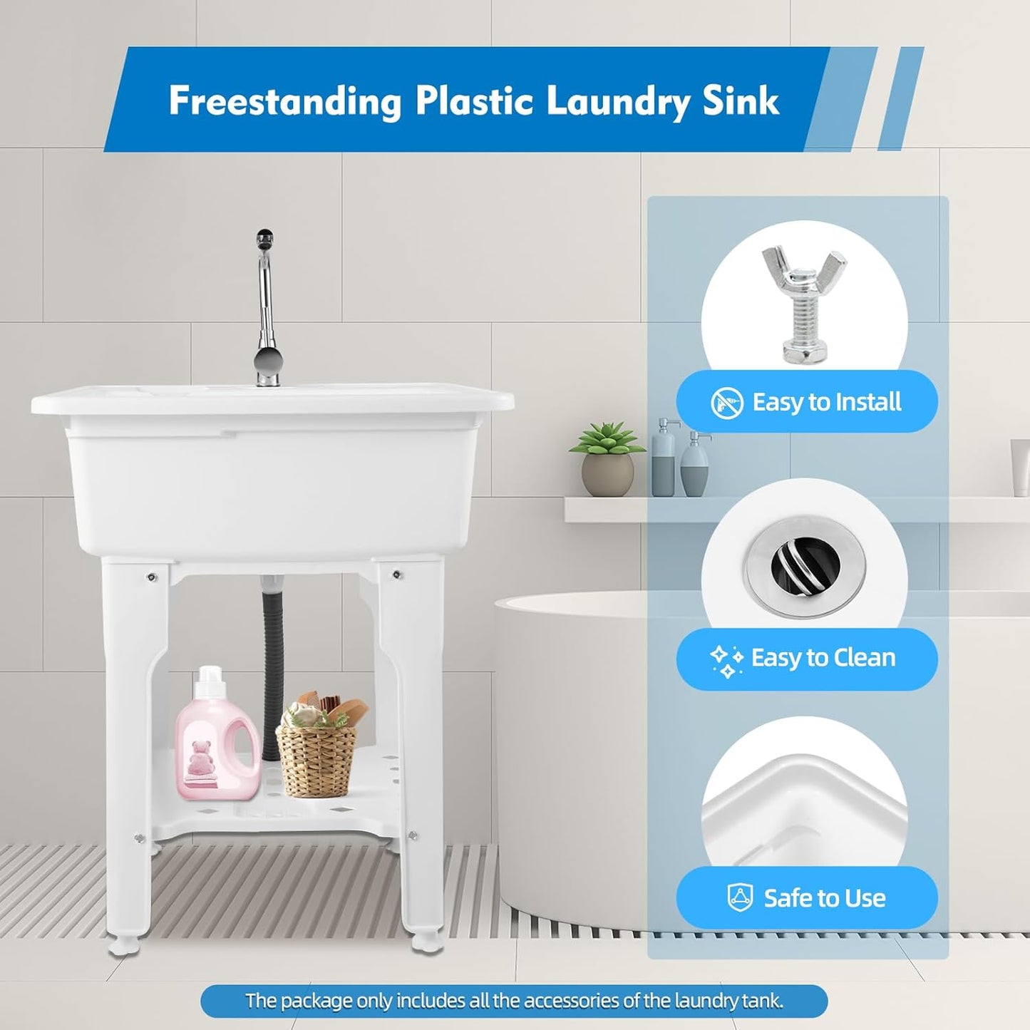 Freestanding Utility Sink Plastic Laundry Tub Sink with Storage Shelf Indoor Outdoor Slop Sink Wash Station for Bathroom Laundry Washing Room (White, 31.5 * 22.05 * 31.5in)