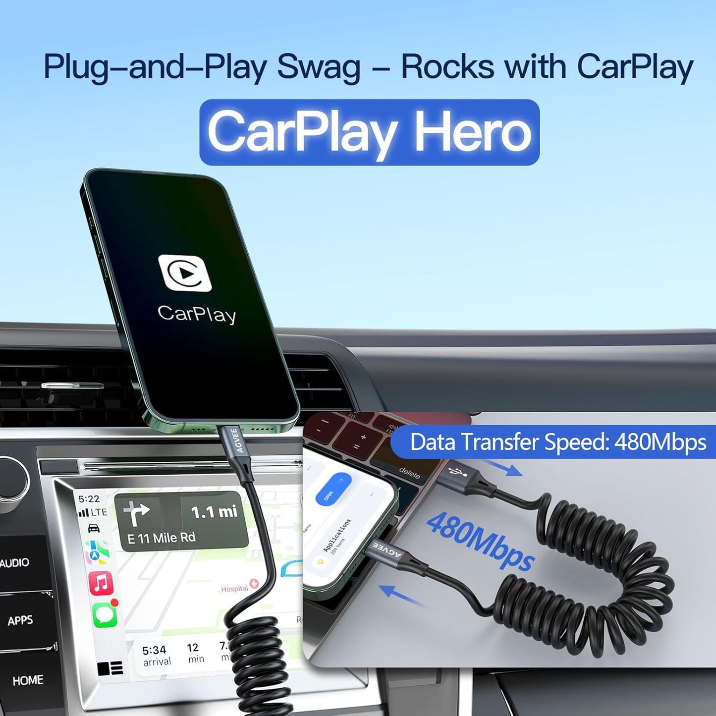 AGVEE 2 Pack 3ft Coiled Short USB to Lightning Charging Cable [MFI Certified] 3A Fast Charger Cord in Car for iPhone 14/13/12/11/XS/8/7/6/5 CarPlay, iPad, iPod, Dark Gray