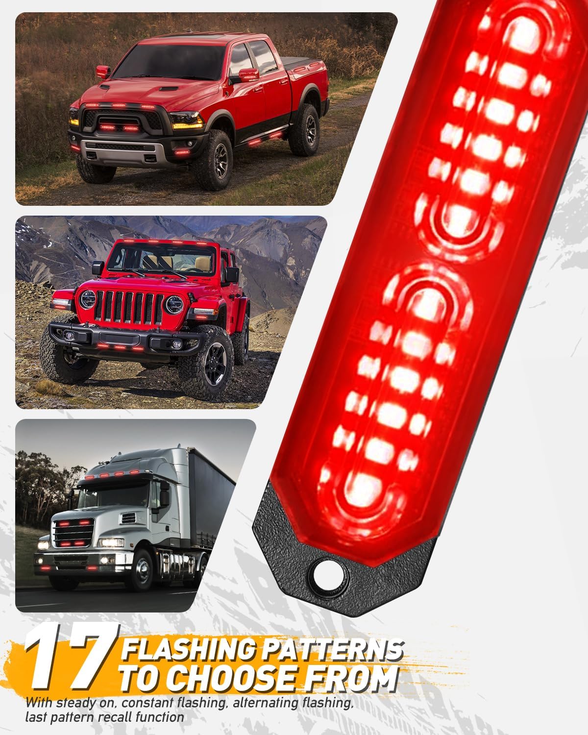HLauto 1200T Emergency Strobe Grille Lights: 8pcs 12 LED Sync Feature Safety Warning Flashing Lights, Ultra Slim Surface Mount Hazard Caution Lights for Trucks, Vehicles, Car, ATV, UTV (Red)