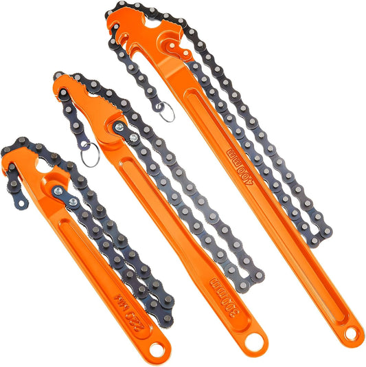 Lasnten 3 Pcs Large Reversible Chain Oil Filter Wrench with 12 16 9 Inch Chain Wrench Adjustable Heavy Duty Carbon Steel Sturdy Pipe Fitting Tool Spanner for Ratcheting Universal(Orange)