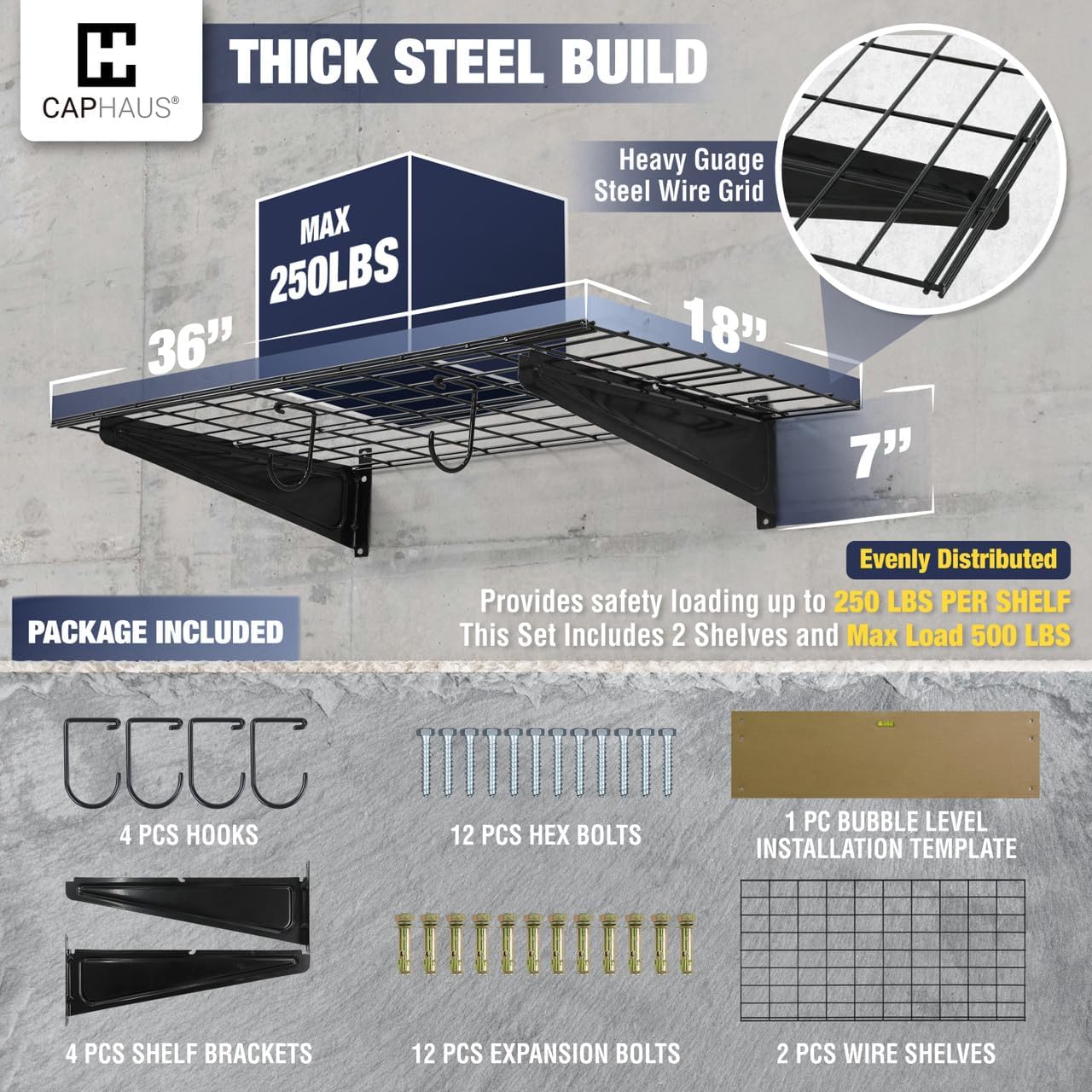 CAPHAUS 2-Pack Garage Shelving Wall Mounted 36x18 Inch, Heavy Duty Metal Wall Shelves with 4 Bike Hooks, 500lbs Capacity Storage Rack for Garage Organization System, Black
