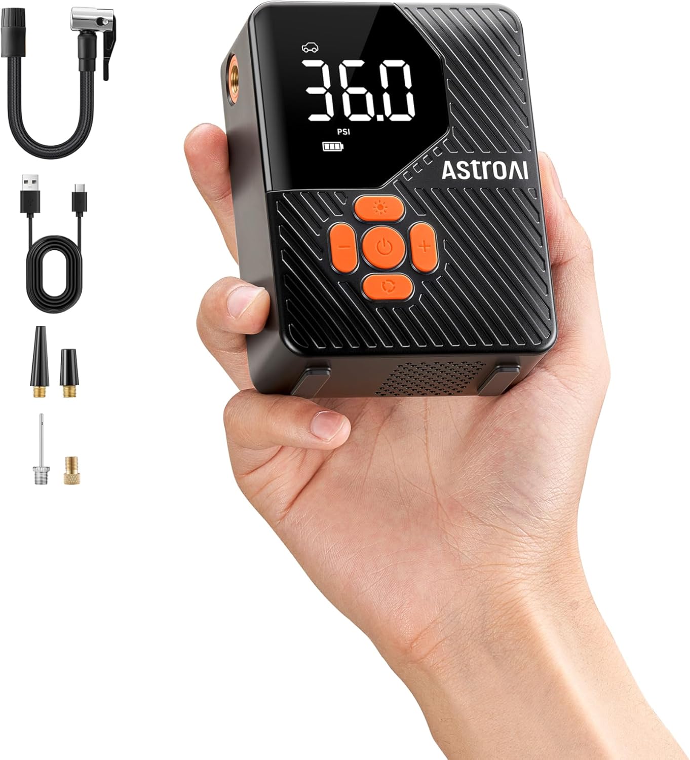 AstroAI L7 Mini Tire Inflator Portable Air Compressor,150 PSI Cordless Car Tires Air Pump with LED Lights&Pressure Gauge,Auto Shut-Off - Tire Pump for Auto,Motorcycle, Bicycle, Ball Orange