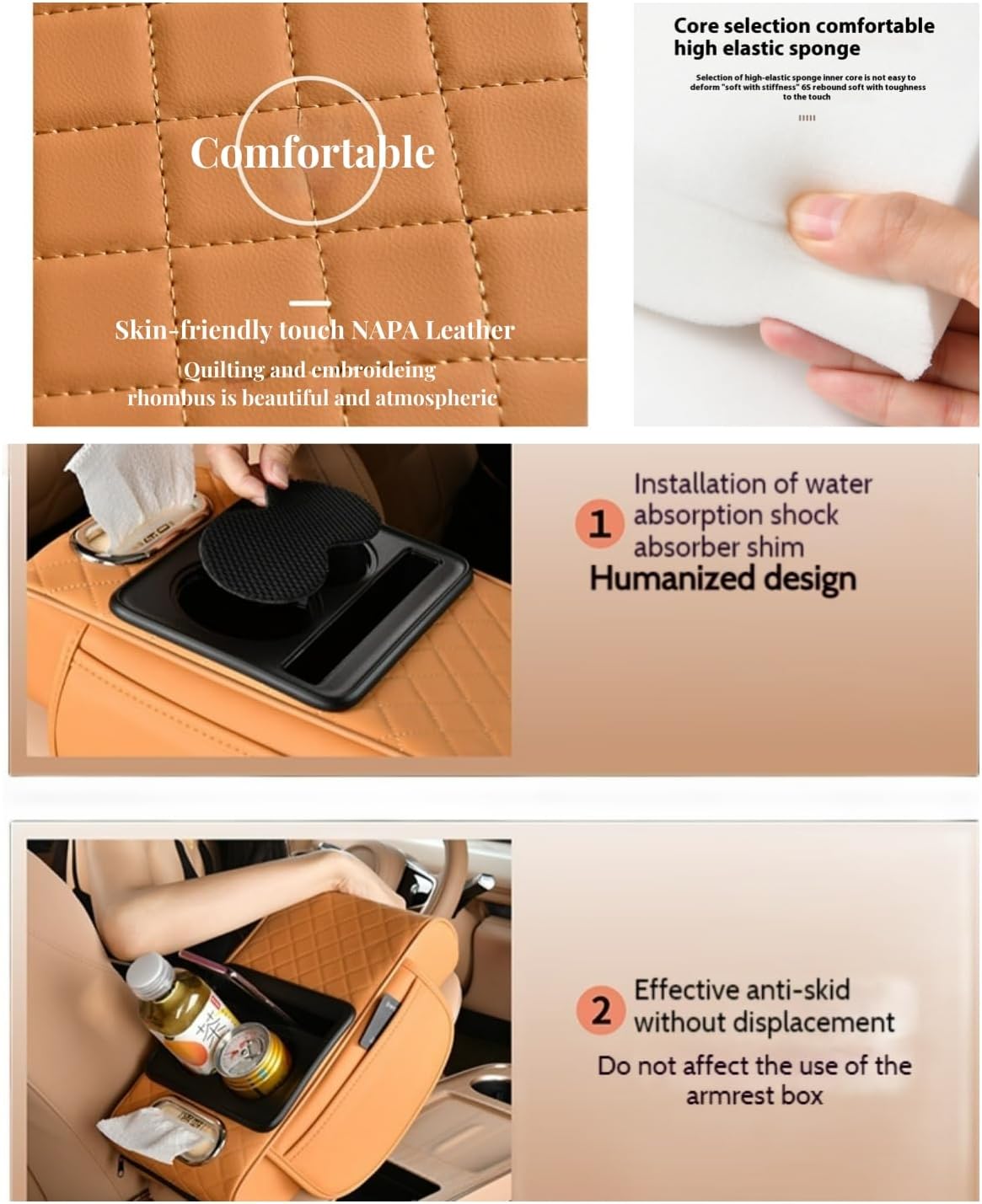 Car Center Console Cover Booster Multifunctional Car Center Console Cushion Pad with Cup Holder & Tissue Box & Side Pockets Arm Rest Cover for Car, Embossed, Black