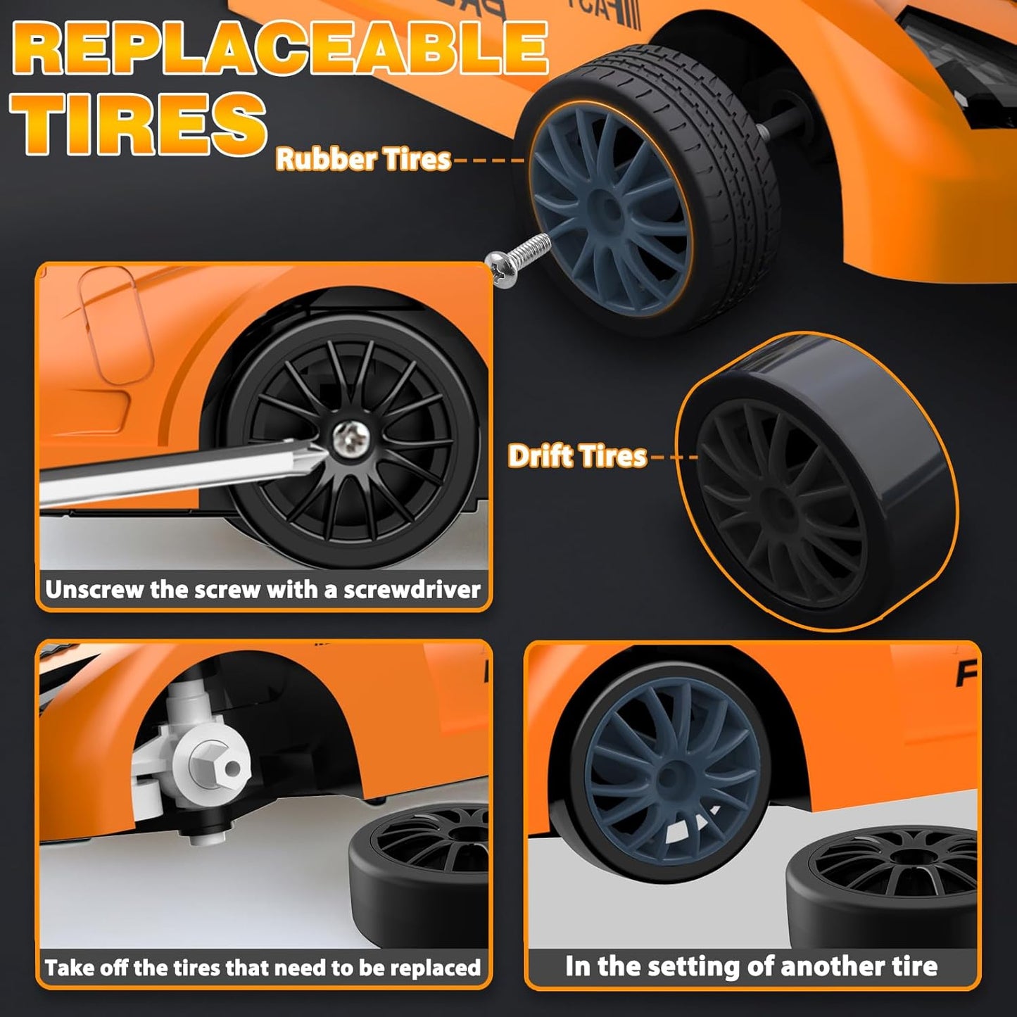 RC Drift Car 1/24 2.4GHz Remote Control Car 4WD High Speed Drifting RC Cars with LED Light, Two Batteries and Drift Tires Racing Toy Cars for Boys Girls Kids Adults (Orange)