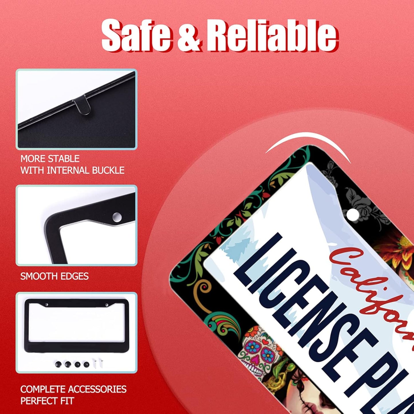 Personalise Sugar Skull Retro License Plate Frame Colorful Candy Skulls License Plate Car Universal Stainless Steel Accessories Cars Decor 2 Holes Screws Fits Standard US Vehicles Size 12.2 x 6 Inch