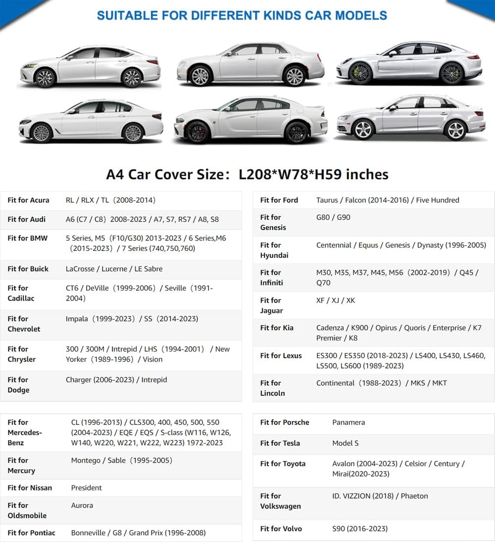 KouKou 6 Layers Car Cover Waterproof All Weather for Automobiles, Full Exterior Covers Universal Fit Sedan Lexus ES350 LS400, Lincoln MKZ MKS, Tesla Model S, BMW 750i, etc.(Length 208 inches)