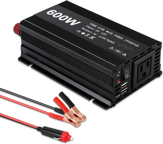 Power Inverter 600W Pure Sine Power Inverter DC 12V to AC 110V Car Converter, Car Cigarette Adapter Converter, Aluminum Alloy Car Power Inverter with 2 USB Ports