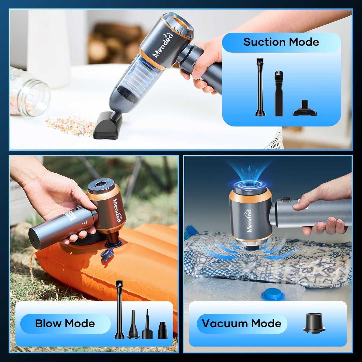 MENDED Handheld Car Vacuum Cleaner 15000PA Portable,Cordless 3 in 1 Handheld Vacuum with 2025 Upgrade Brushless Motor and Type C for Car,Office and Home Cleaning HL127 (Rose Gold)