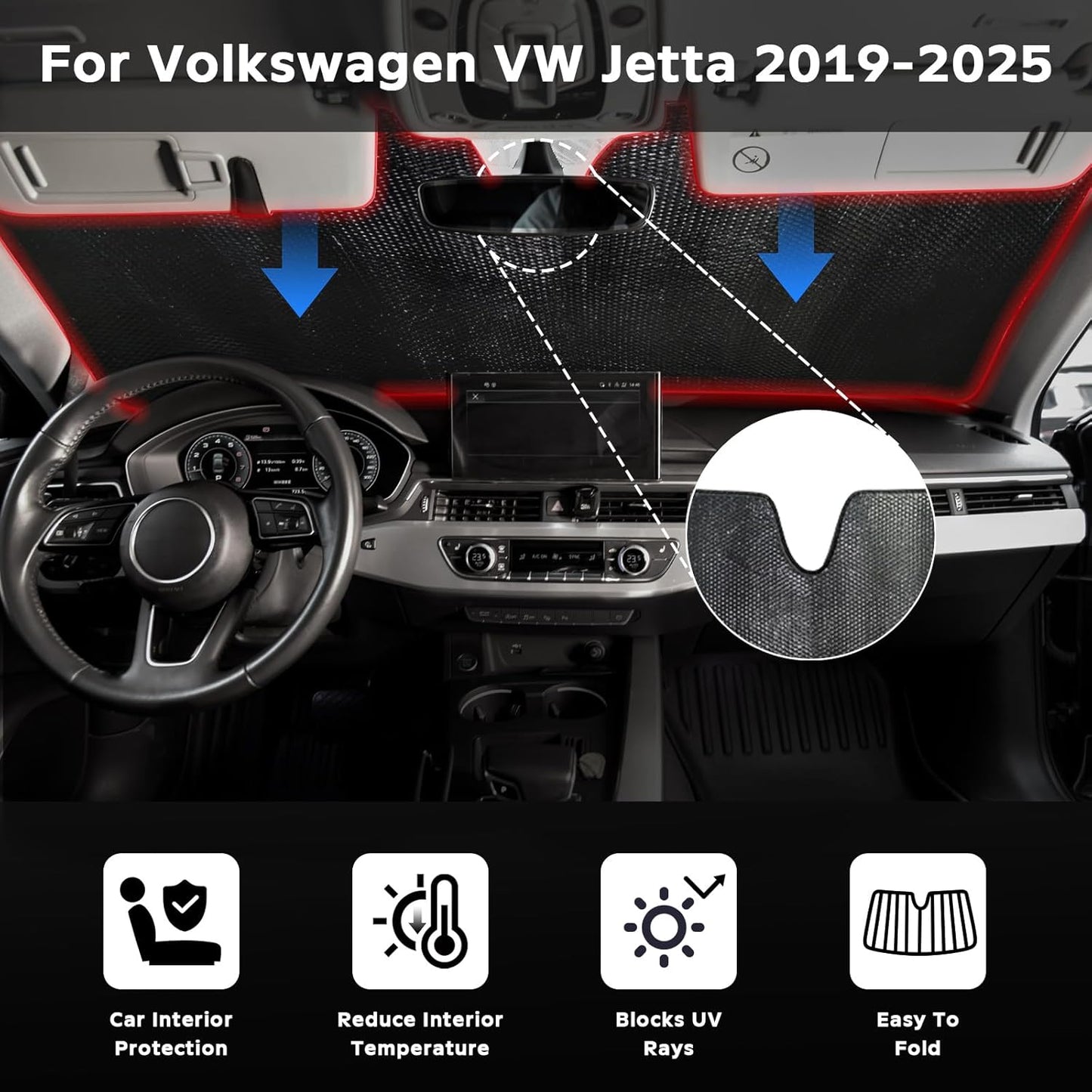 Windshield Sun Shade for Volkswagen VW Jetta 2019-2025 - 5-Layer Bubble Foldable Front Window Shade Sun Visor Accessories - Blocks Heat & UV Rays