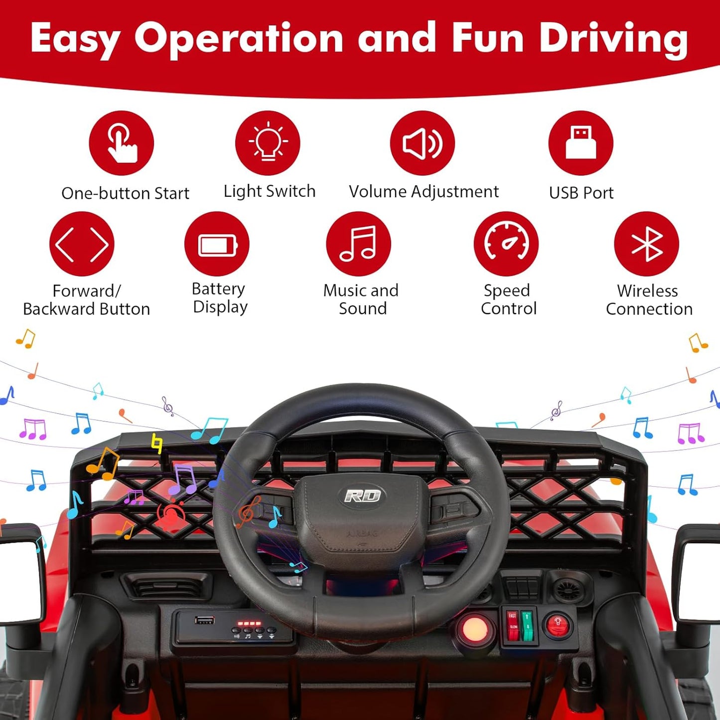 Costzon Kids Ride On Truck, 12V Battery Powered Electric Vehicles w/Remote Control, Spring Suspensions, 3 Speeds, Music, Lights, Wireless Connection, Ride on Car for Boys & Girls 3+ (Red)