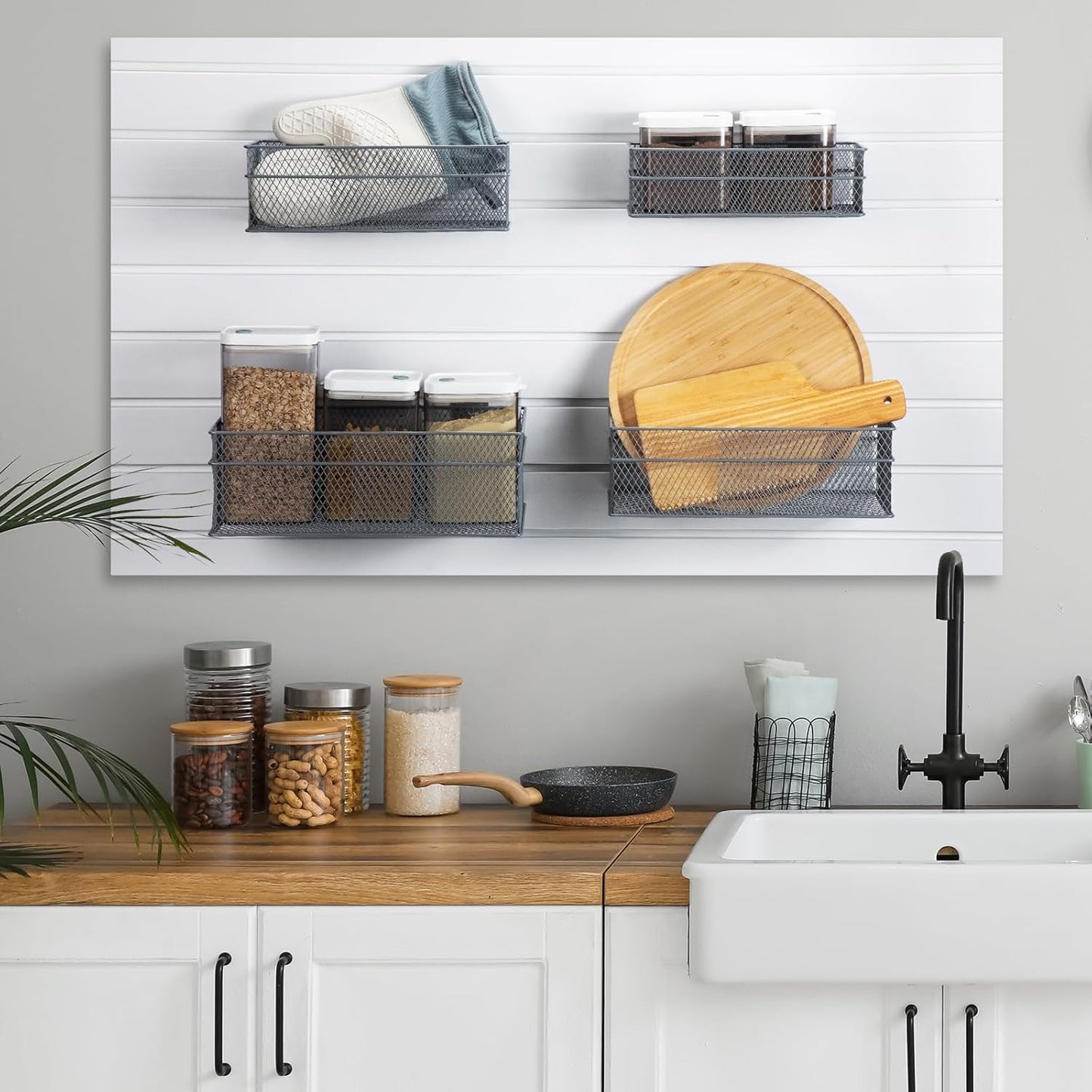 Barydat 4 Pcs Slatwall Basket Set Ventilated Metal Slatwall Basket Hanging Wire Bins Wall Mounted Accessories for Panel Garage Storage Display Organizing(Multi Size,Gray)