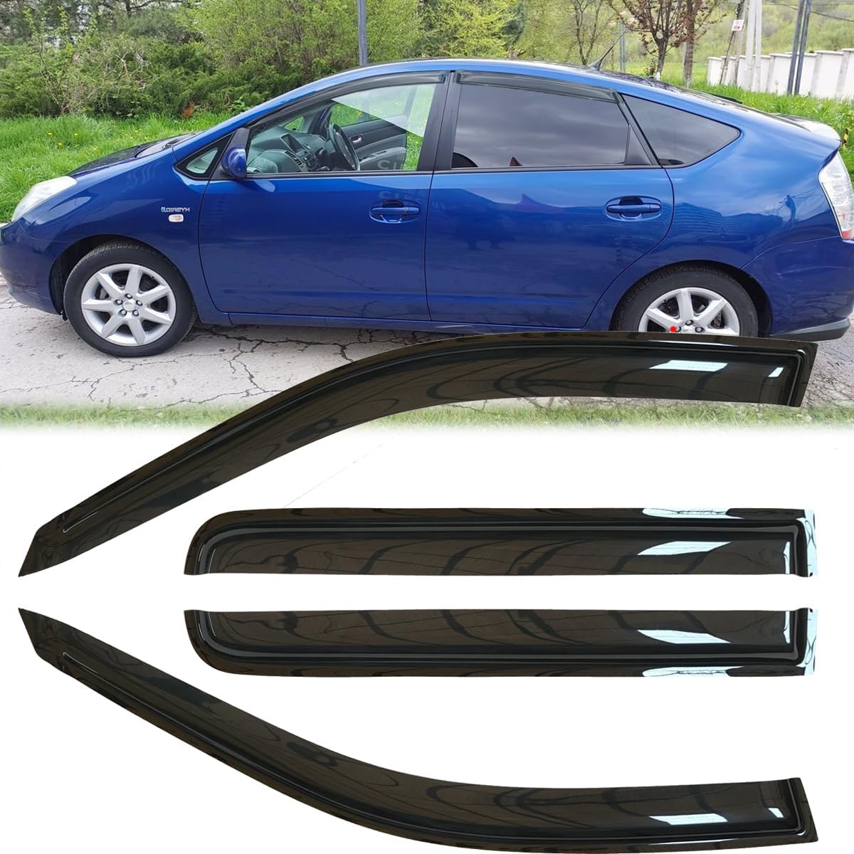 4pcs Original Shatterproof Rainproof Outside Mount Style Dark Smoke Sun Rain Guards Side Window Wind Deflectors Nice Looking Vent Window Visors Fit for 2006-2009 Toyota Prius 94963