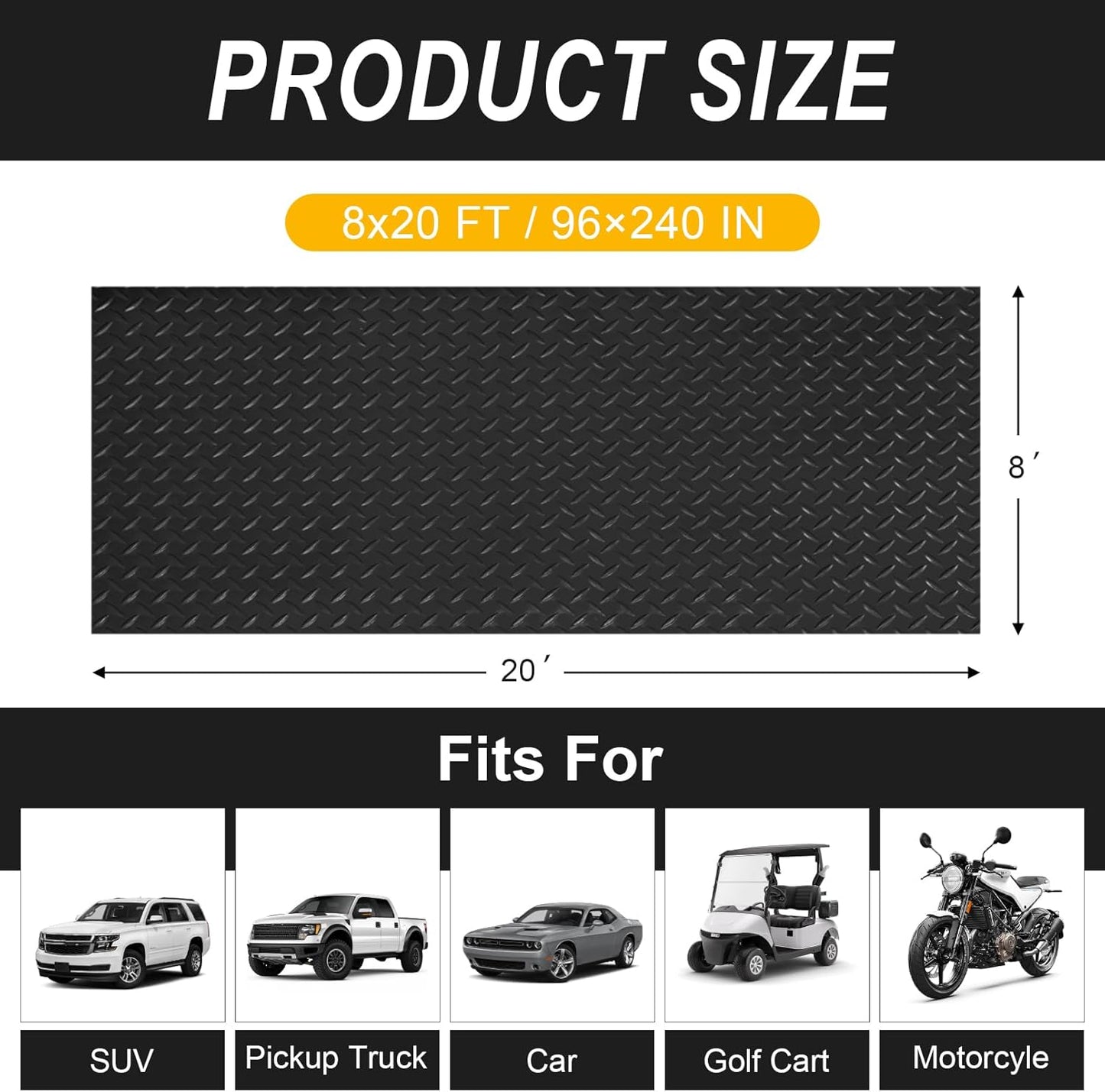 8x20 FT Garage Floor Mat, 2.8mm Thickened Flooring Roll Diamond Plate PVC Rubber Trailer Mat with 20 Pcs Tapes, Non-Slip Floor Protector Mat for Garage, Warehouse, Gyms, Trailer, Black