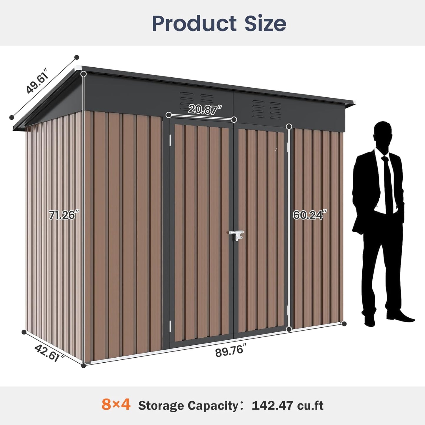 UDPATIO Outdoor Storage Shed 8x4 FT, Outside Sheds & Outdoor Storage Metal Galvanized Steel Yard, Patio, Lawn, Tool Shed with Lockable Door for Can, Bike, Lawnmower, Generator,Brown